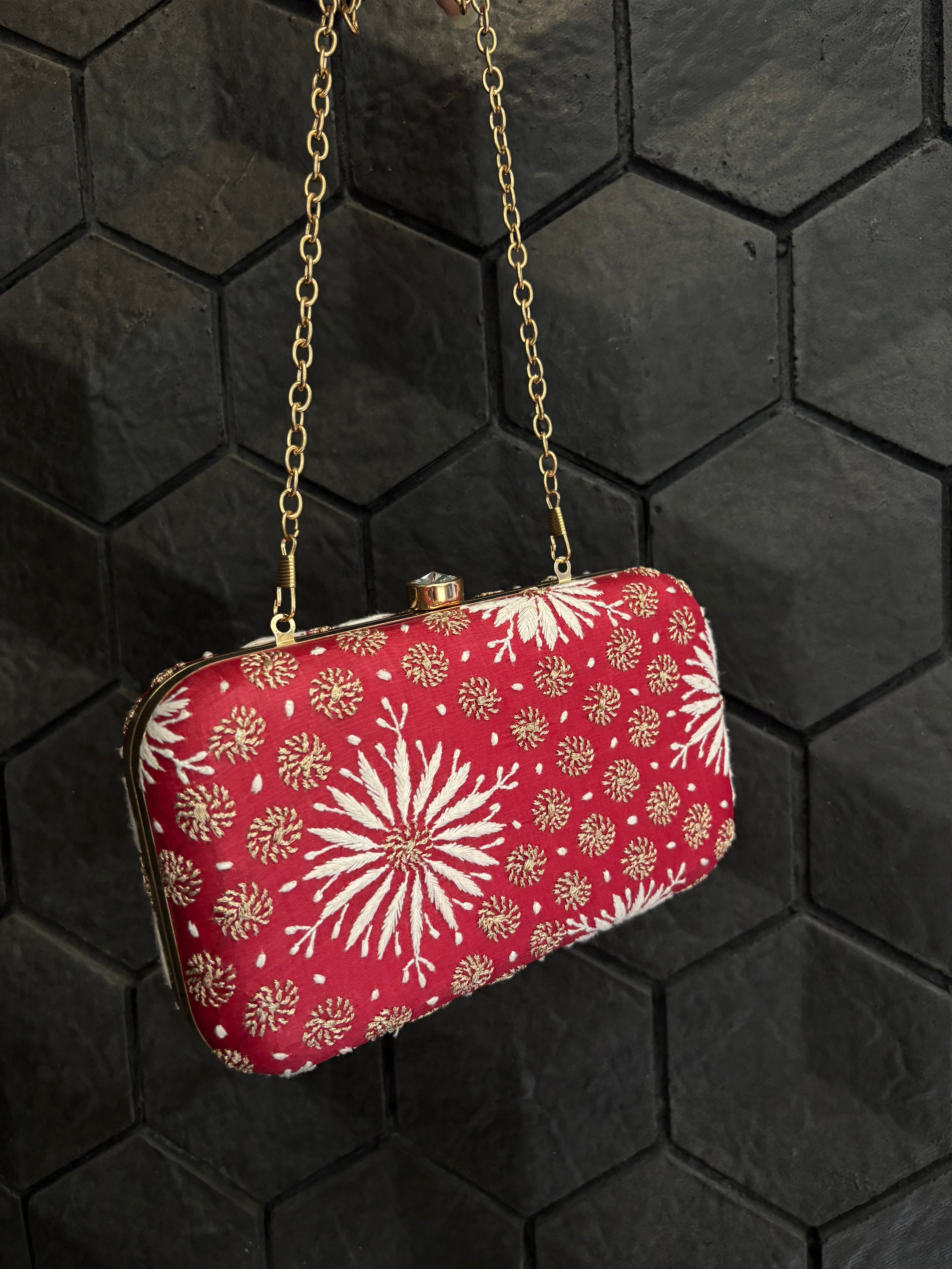 Red Chikankari Clutch