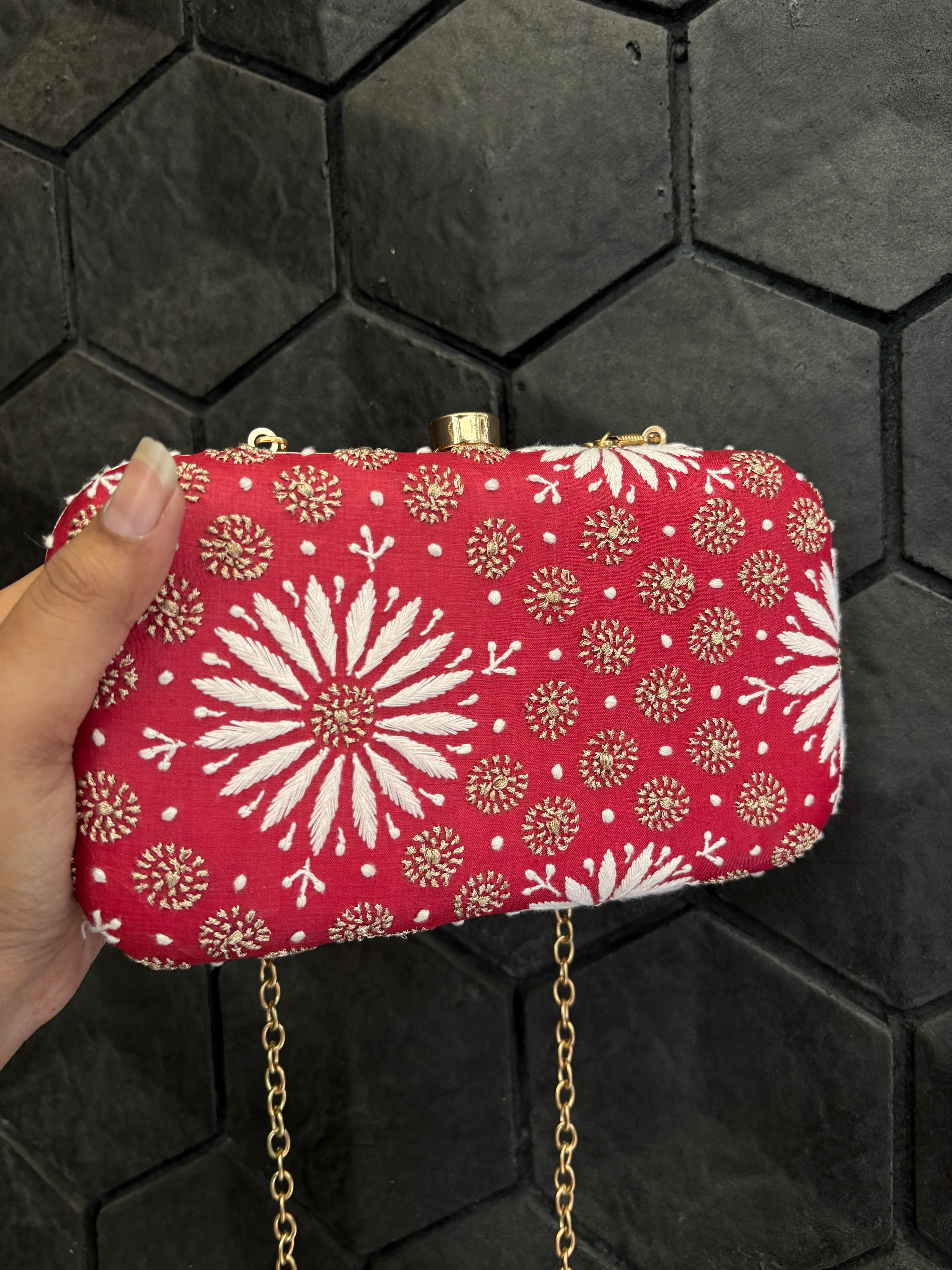 Red Chikankari Clutch