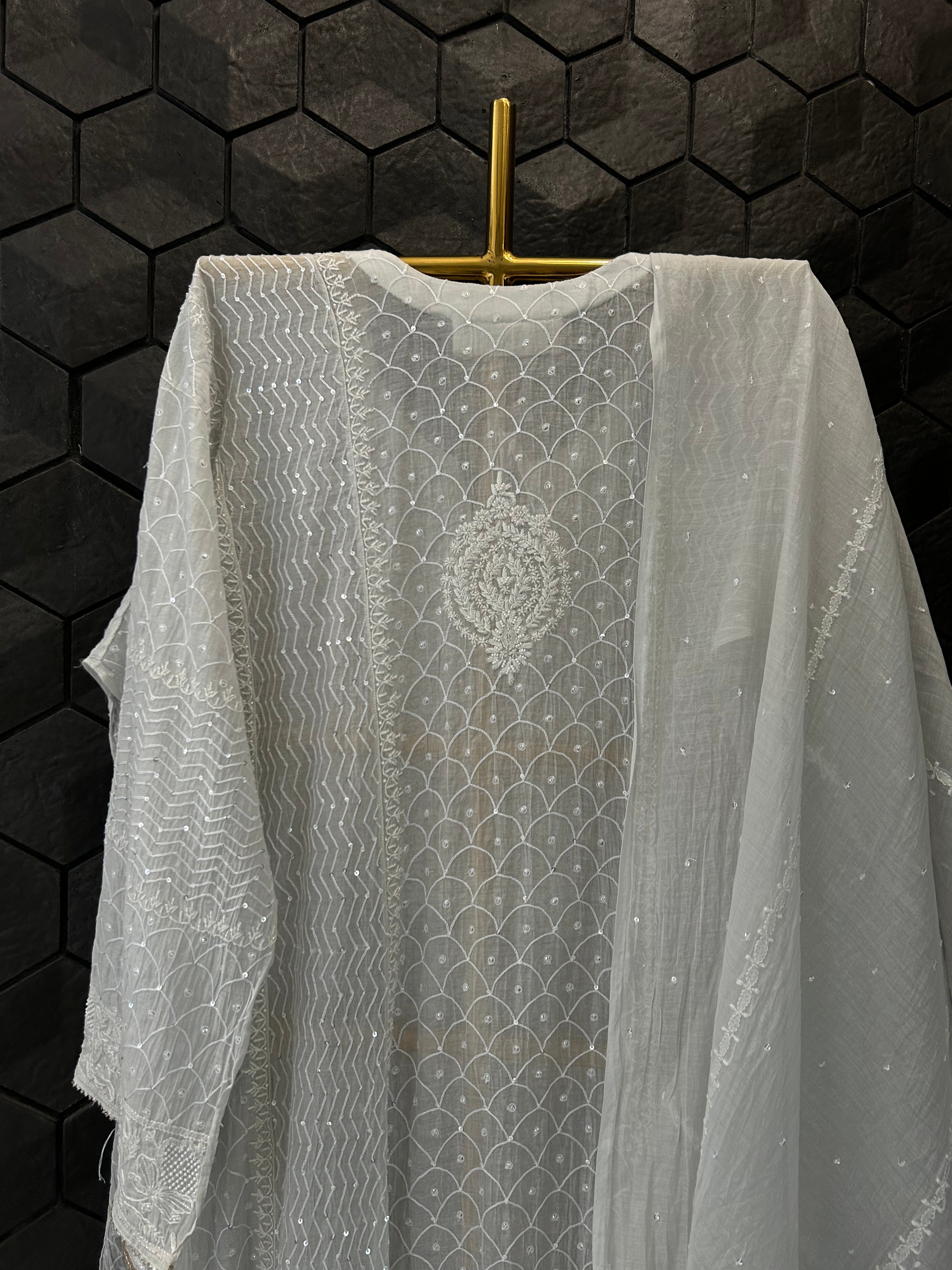 Light Grey Mul Chanderi Chikankari Anarkali Set