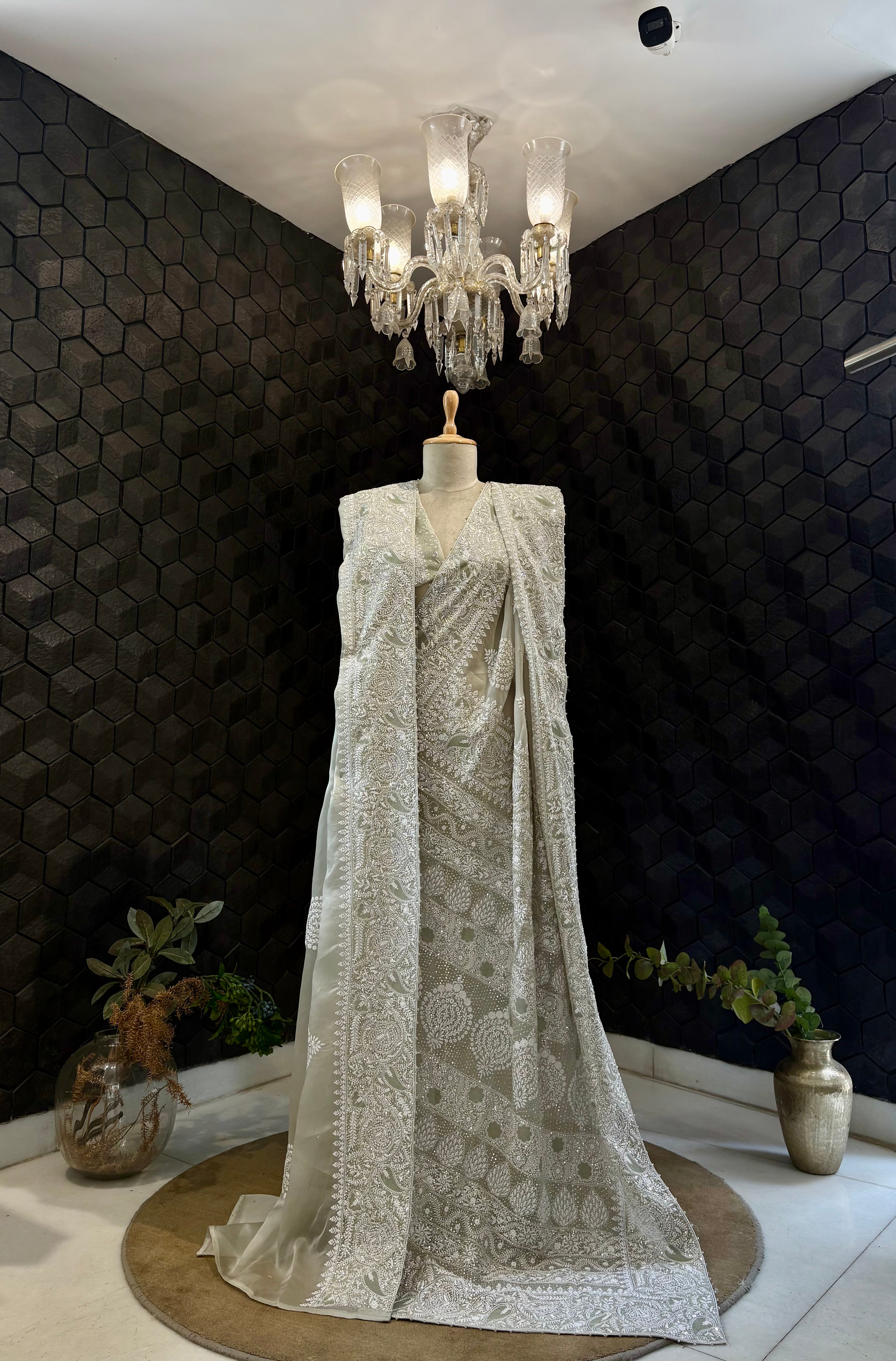 Green Organza Satin Chikankari Saree