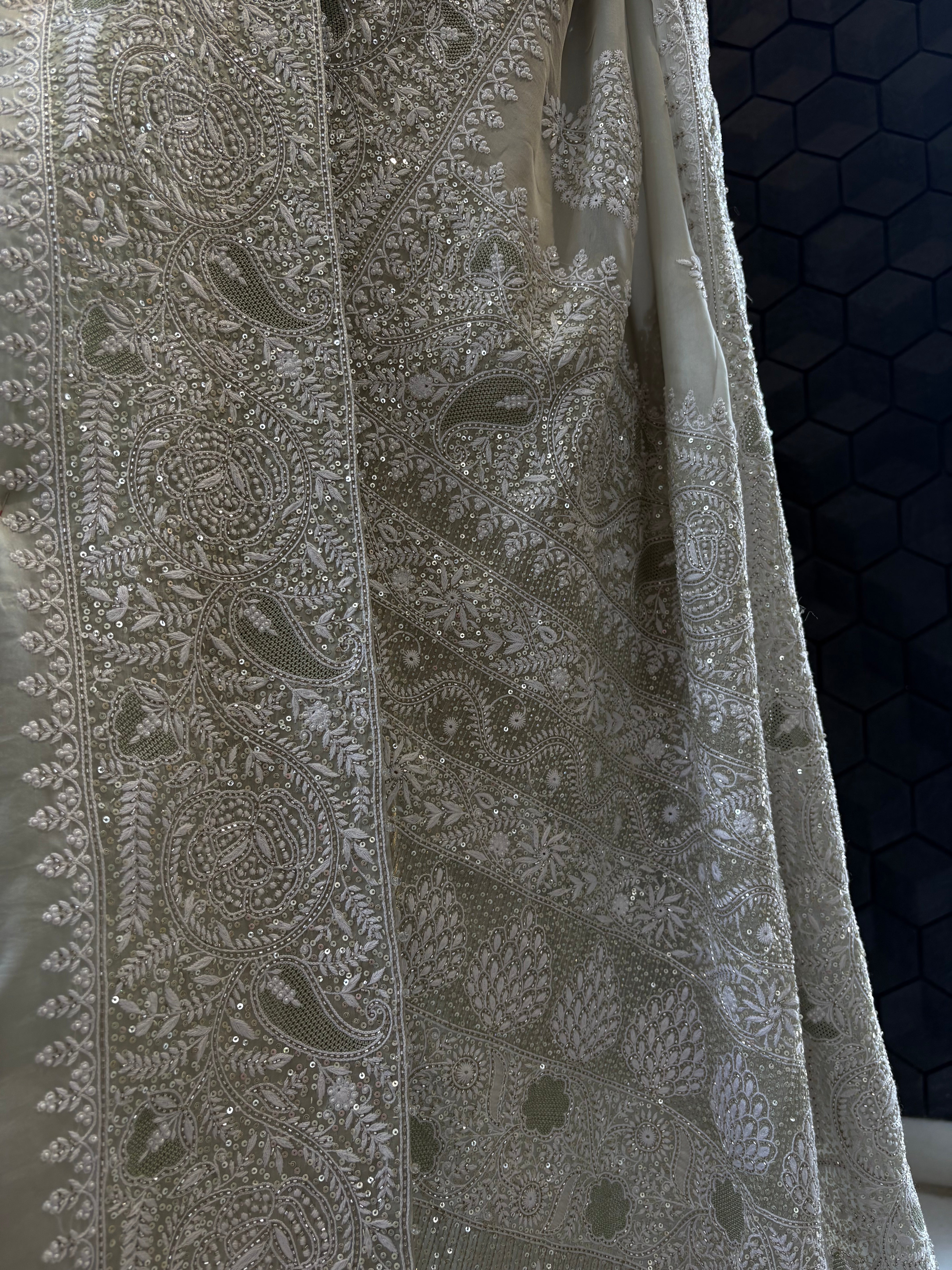 Green Organza Satin Chikankari Saree
