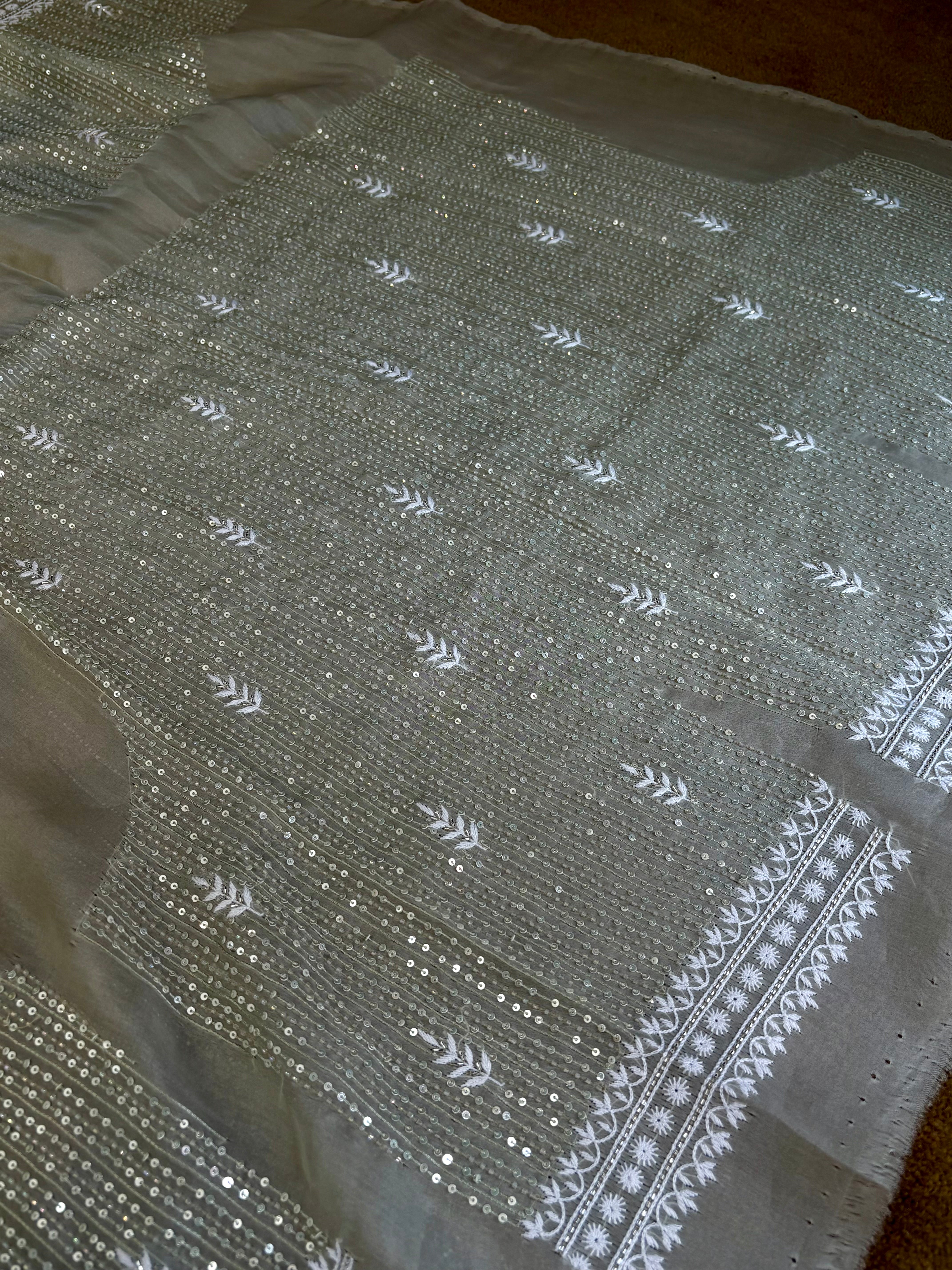 Green Organza Satin Chikankari Saree