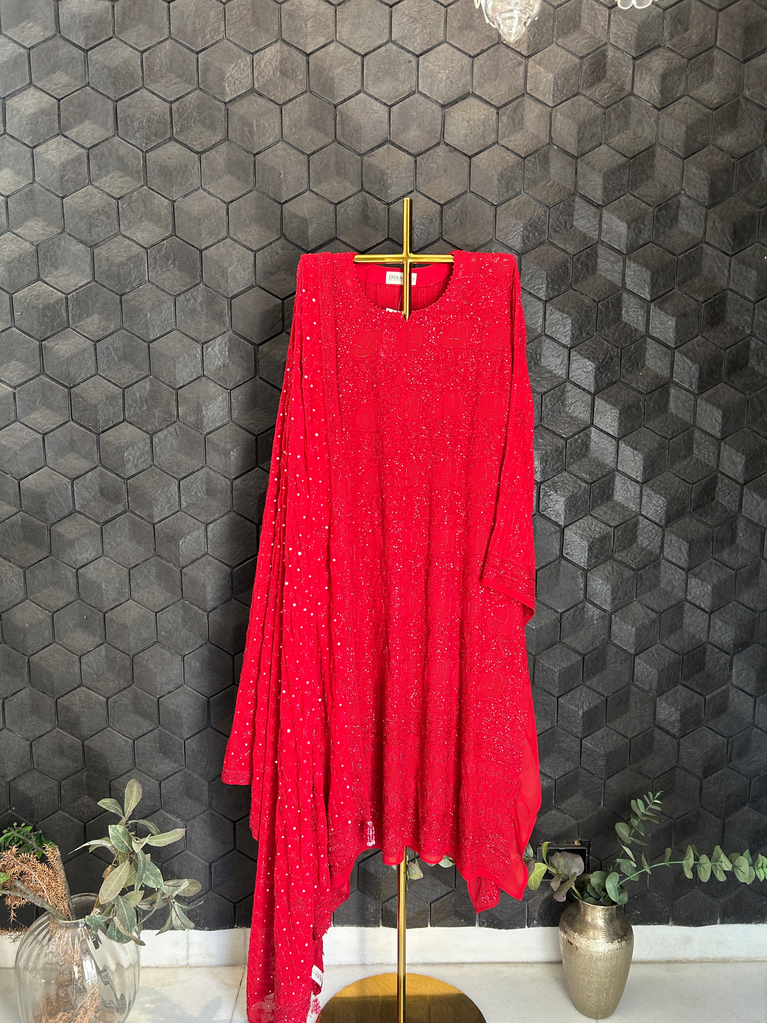 Red Georgette Ek -Taar Chikankari Kurta Set with statement heavy dupatta