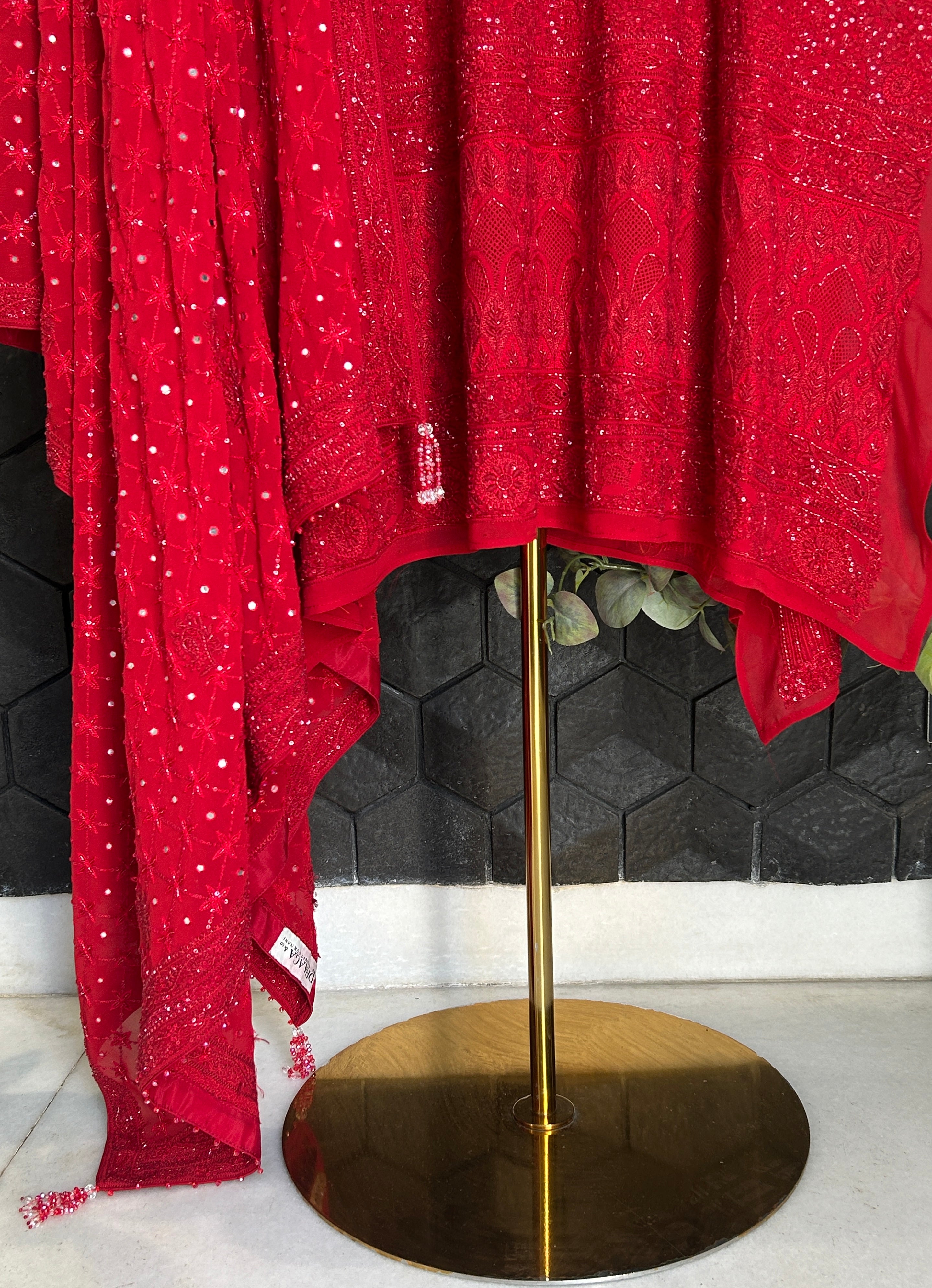 Red Georgette Ek -Taar Chikankari Kurta Set with statement heavy dupatta