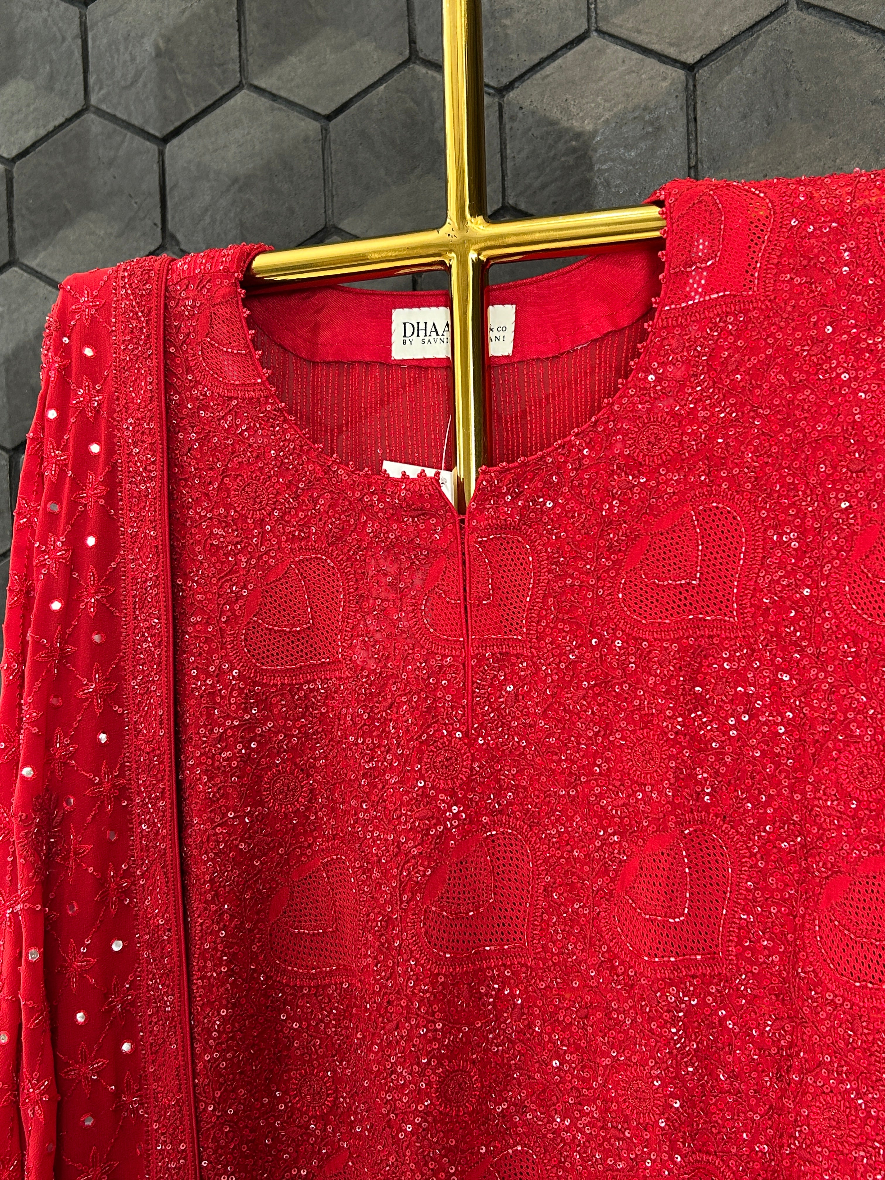 Red Georgette Ek -Taar Chikankari Kurta Set with statement heavy dupatta