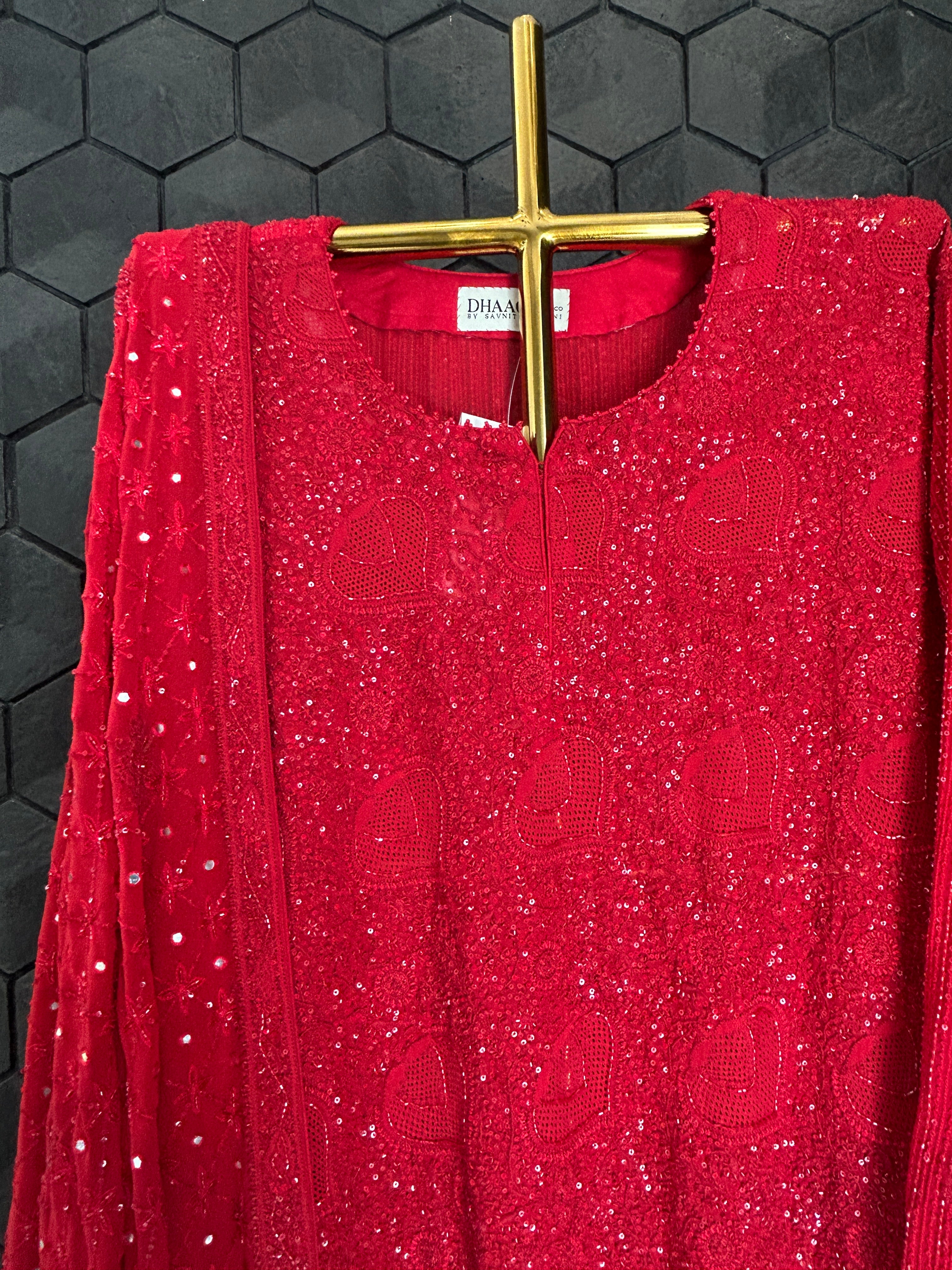Red Georgette Ek -Taar Chikankari Kurta Set with statement heavy dupatta