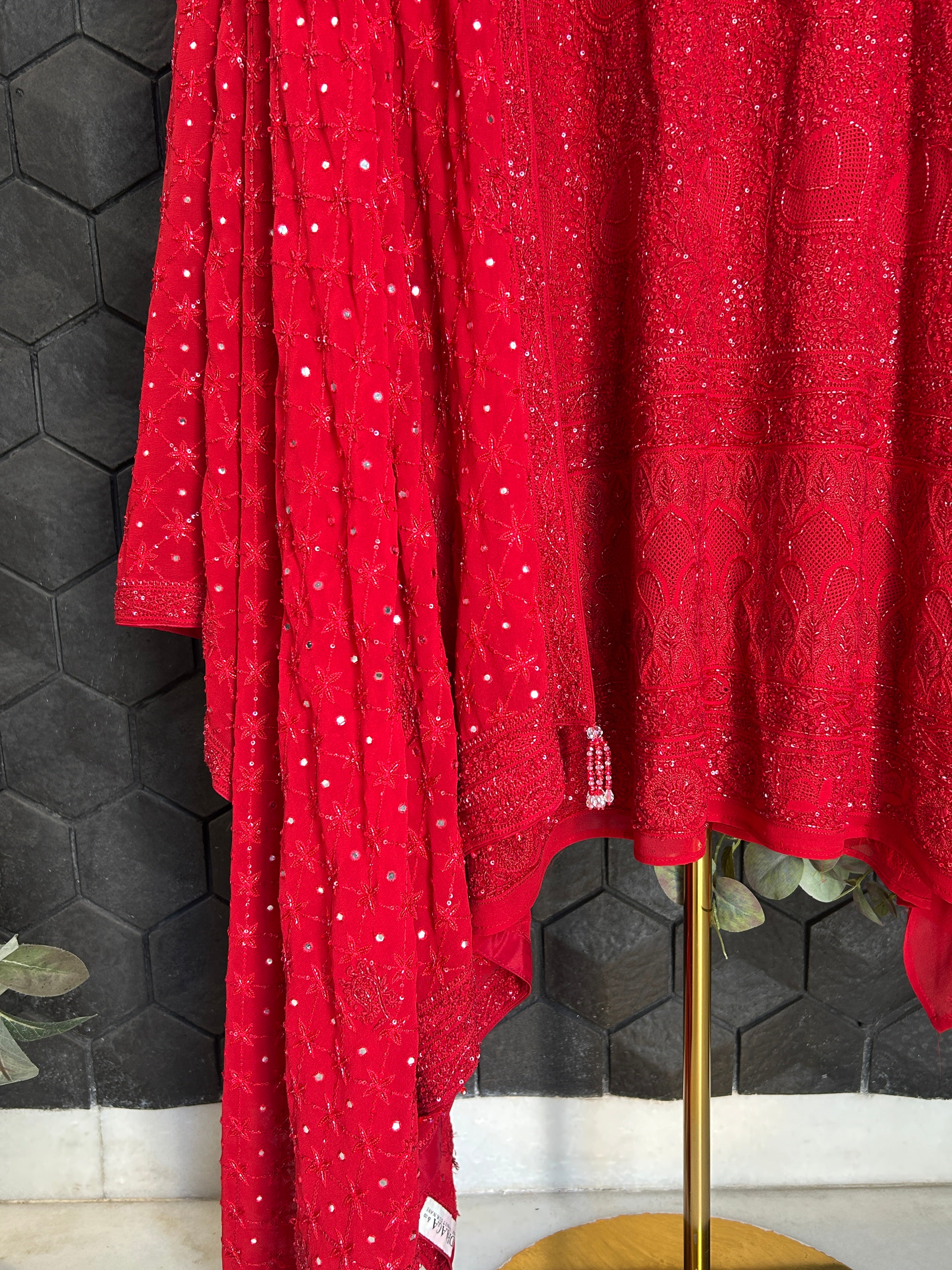 Red Georgette Ek -Taar Chikankari Kurta Set with statement heavy dupatta