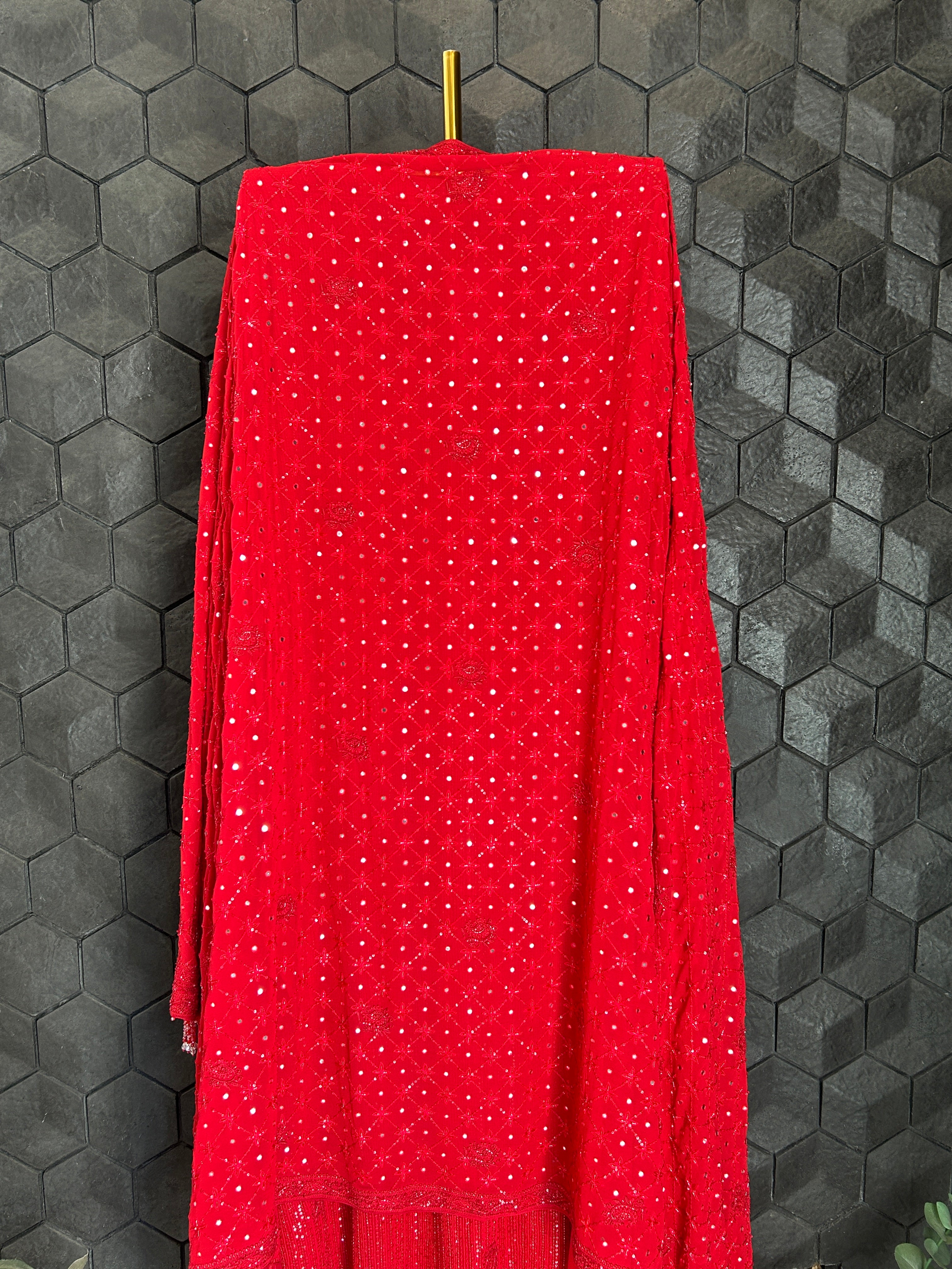 Red Georgette Ek -Taar Chikankari Kurta Set with statement heavy dupatta
