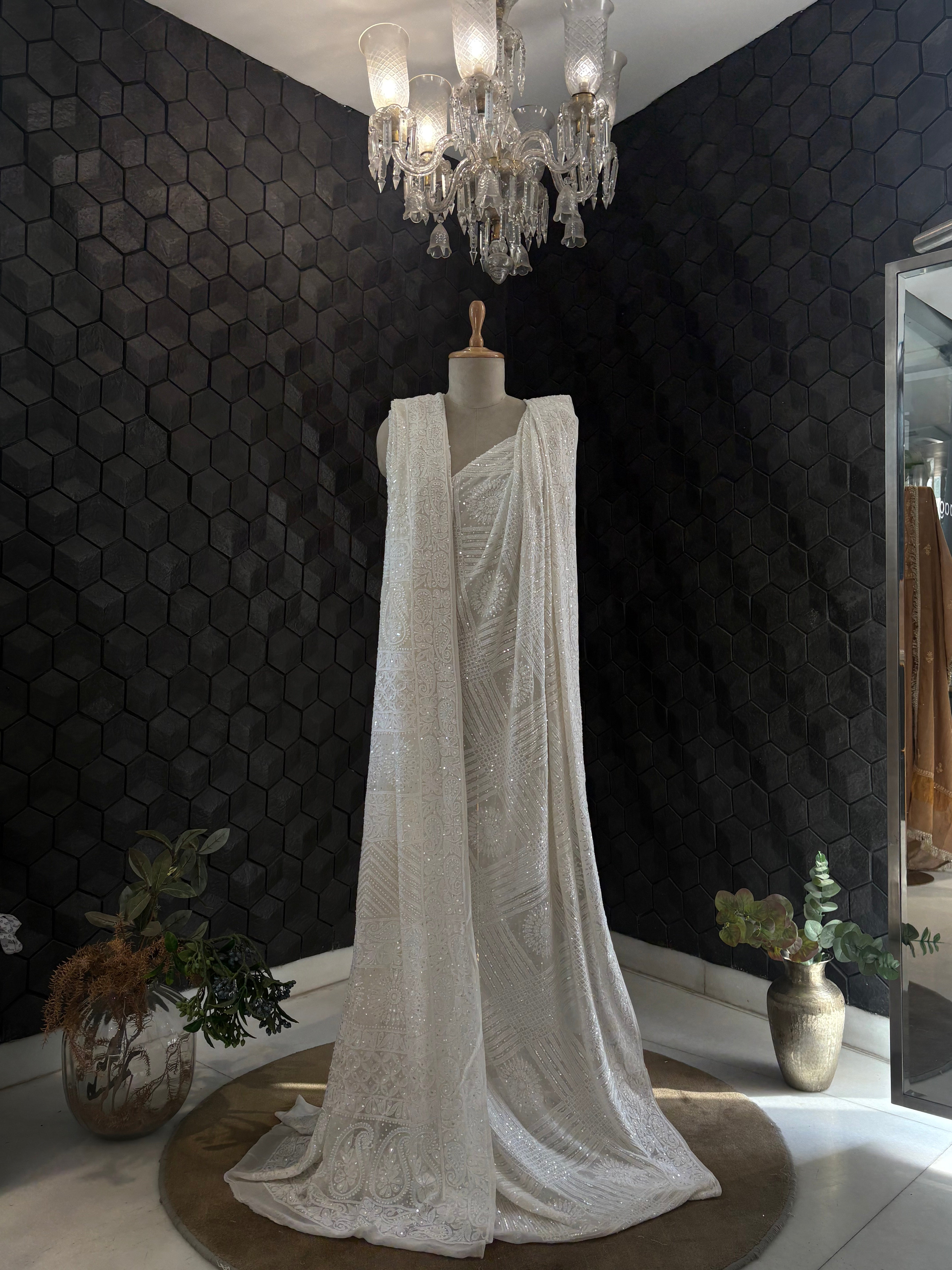 White Georgette Chikankari Saree