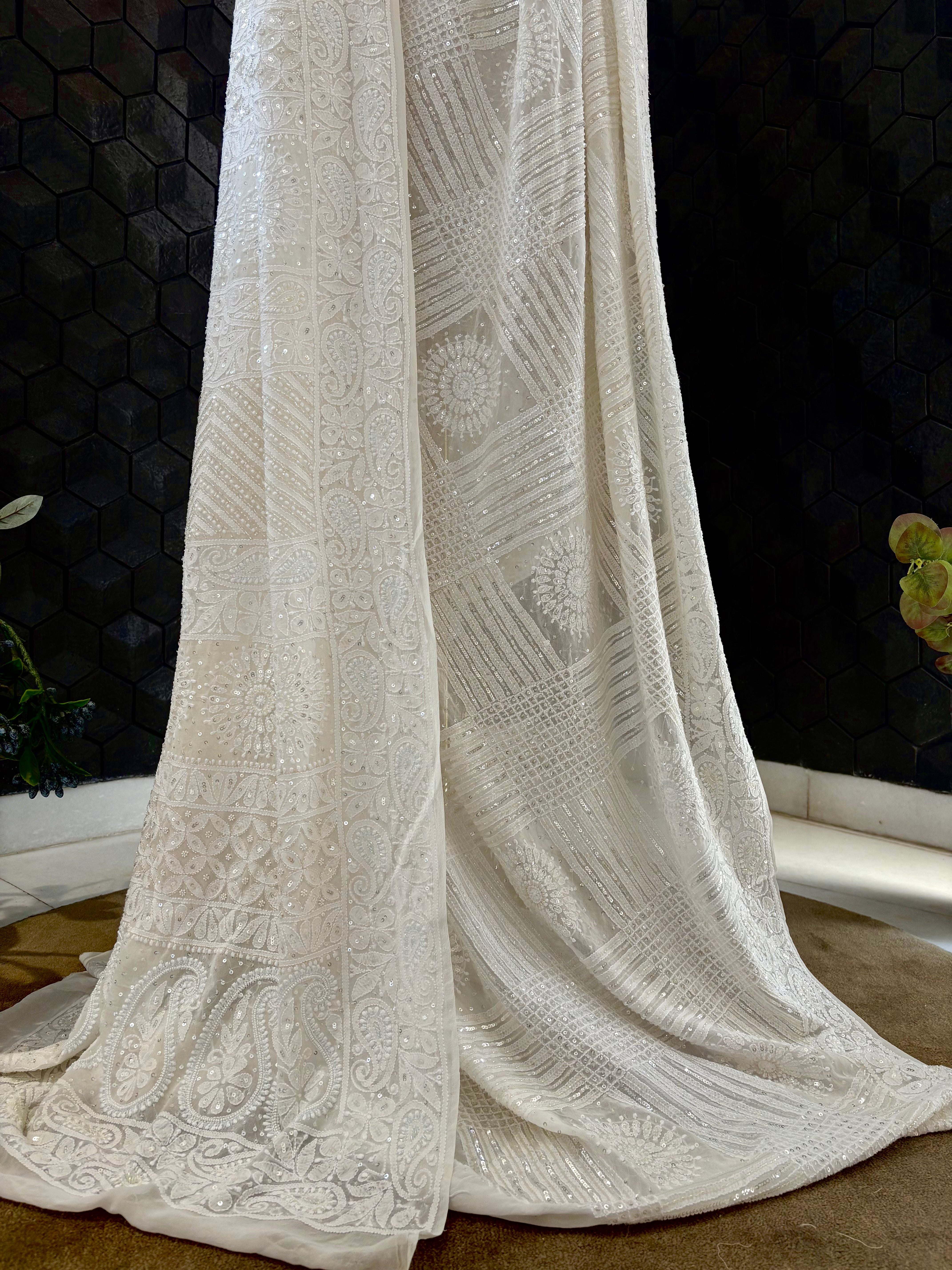 White Georgette Chikankari Saree
