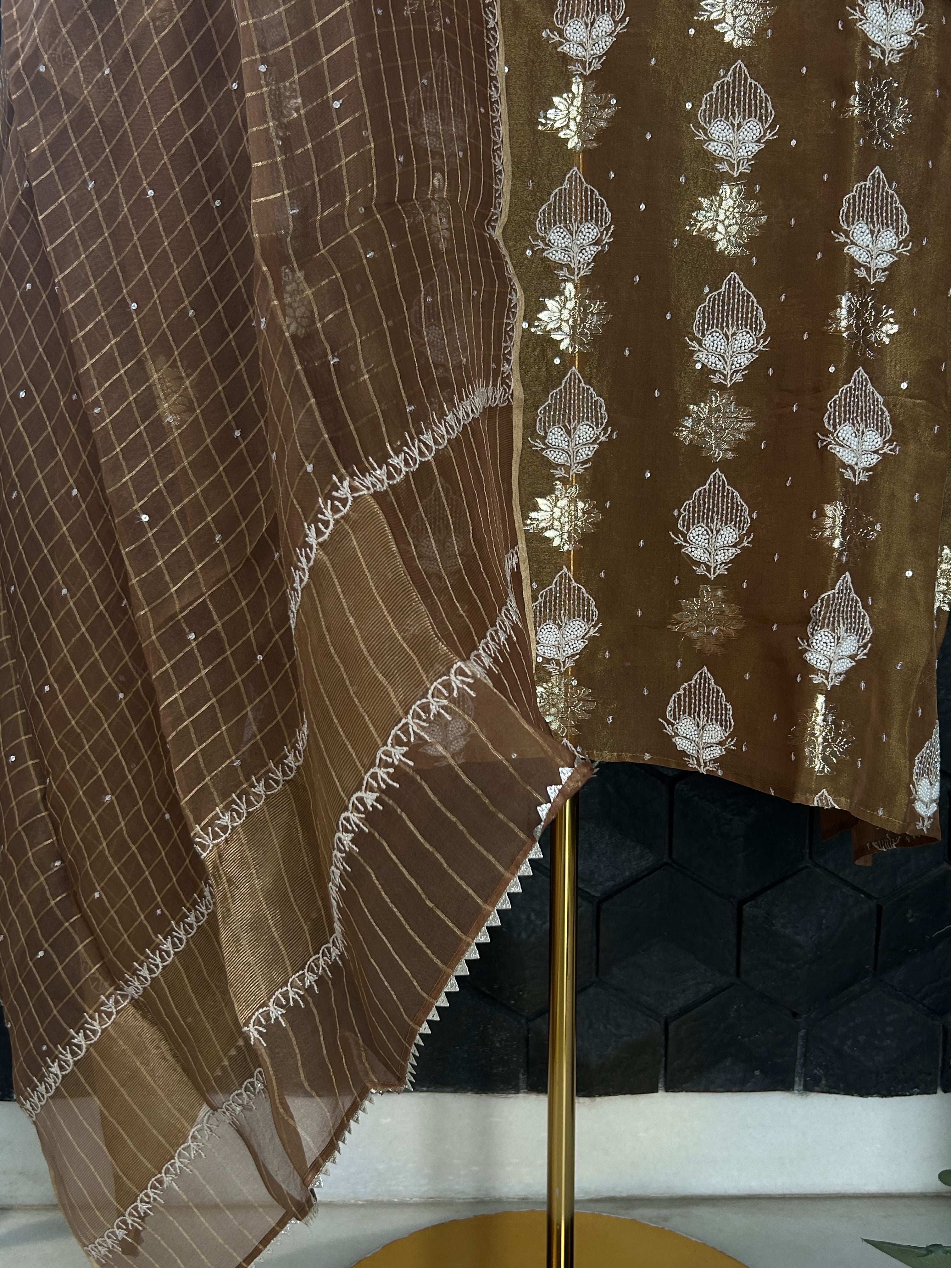 Brown Shimmer Organza Chikankari Kurta Set