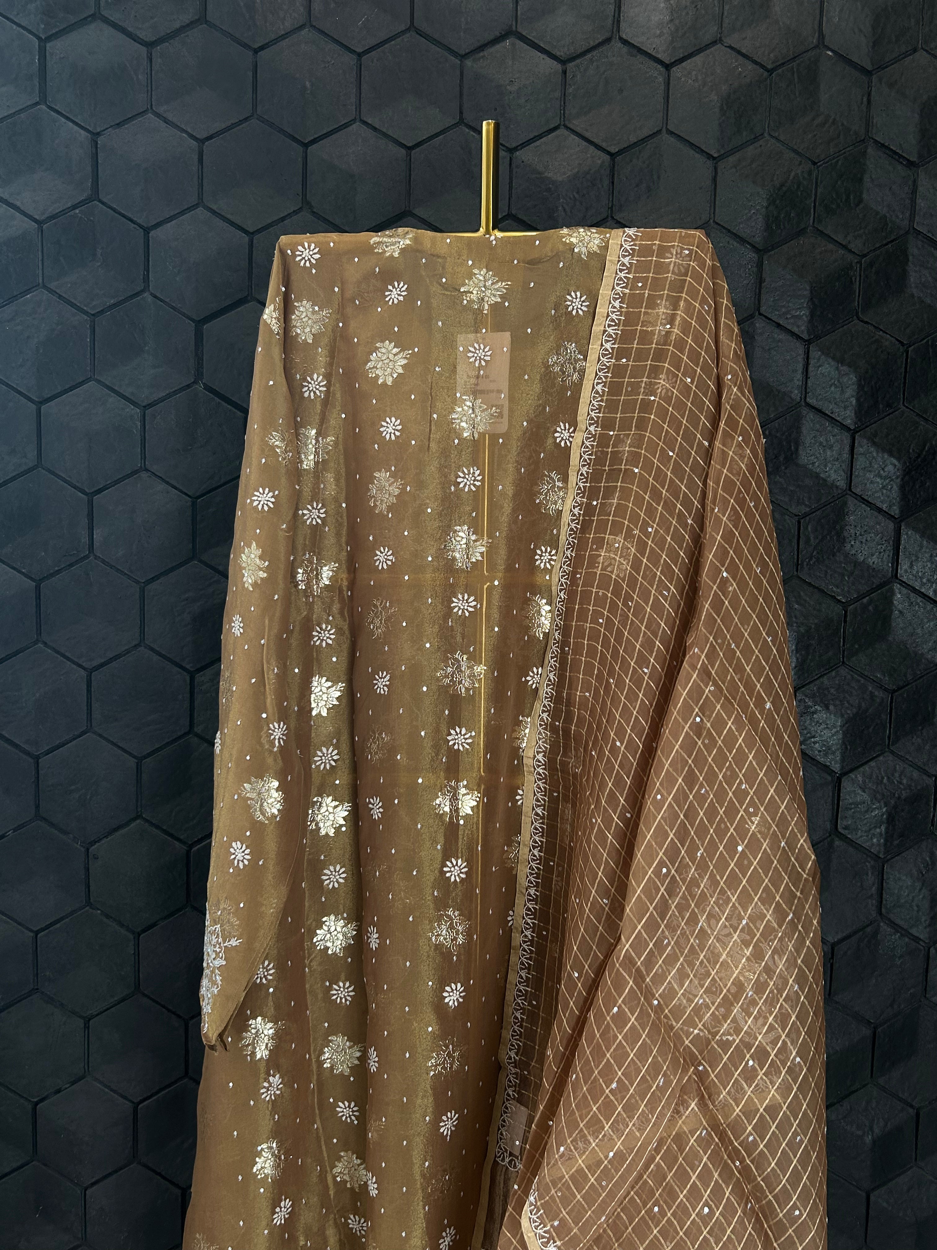 Brown Shimmer Organza Chikankari Kurta Set
