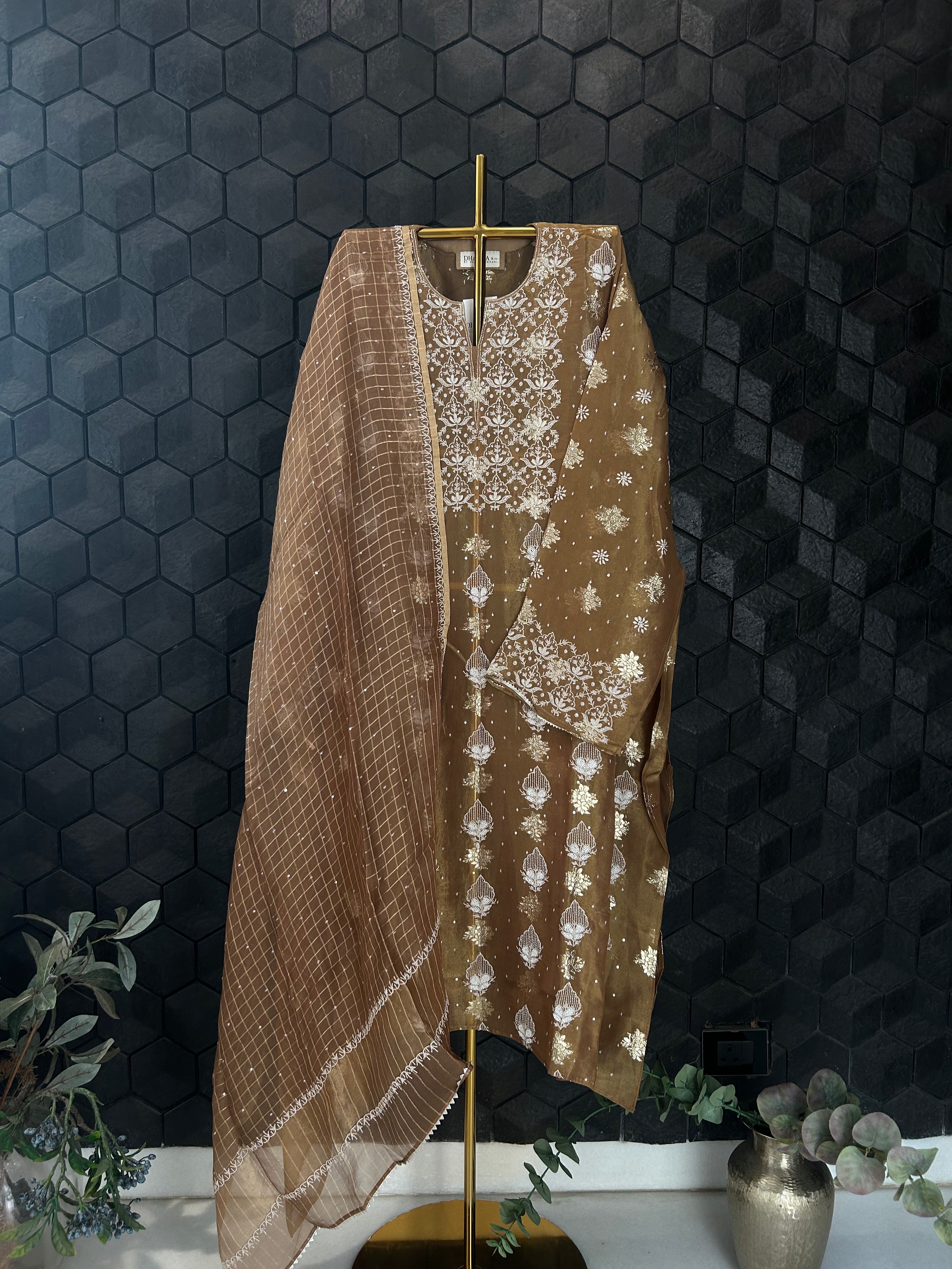 Brown Shimmer Organza Chikankari Kurta Set