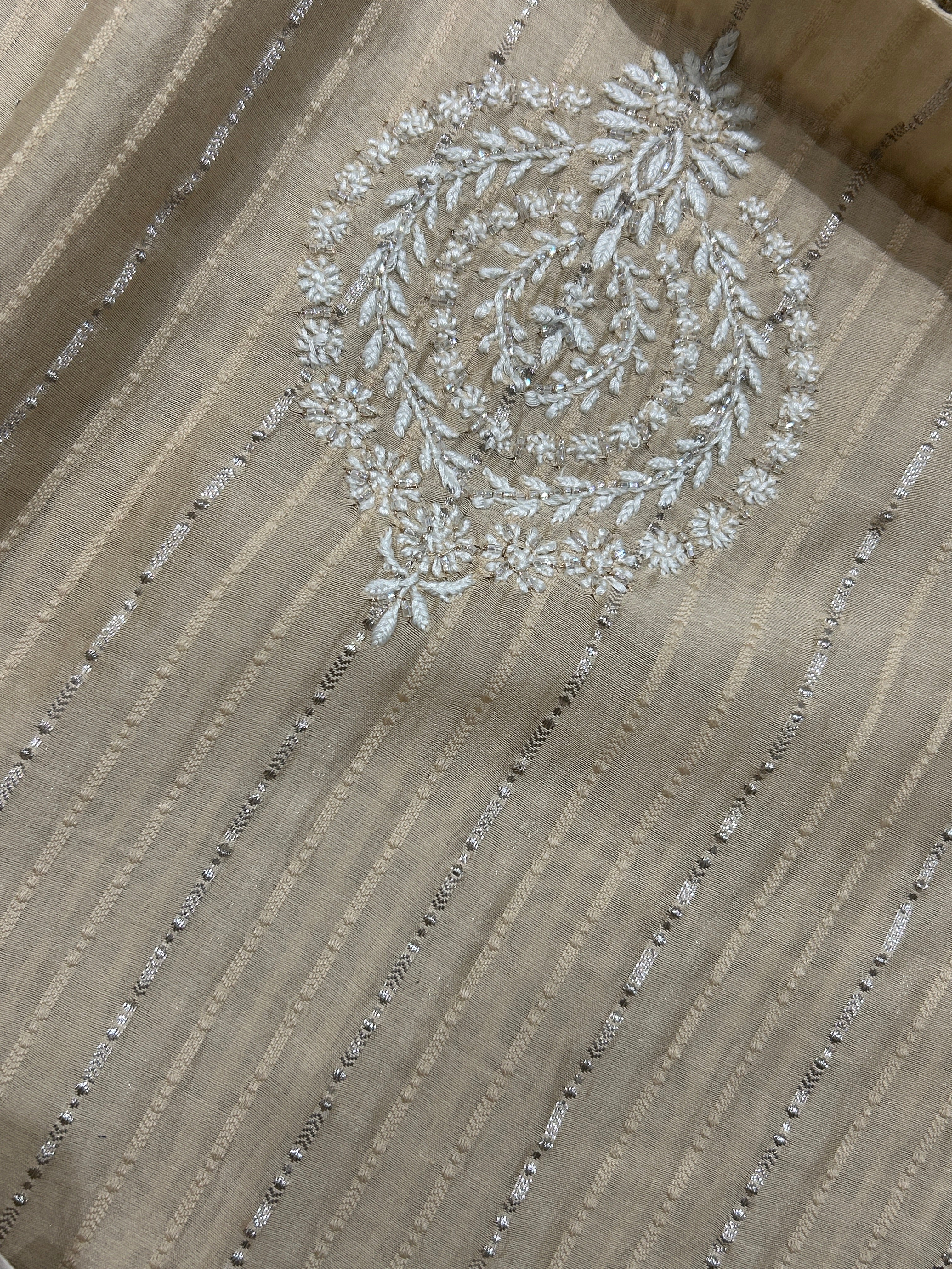 Beige Chanderi Striped Mens Kurta