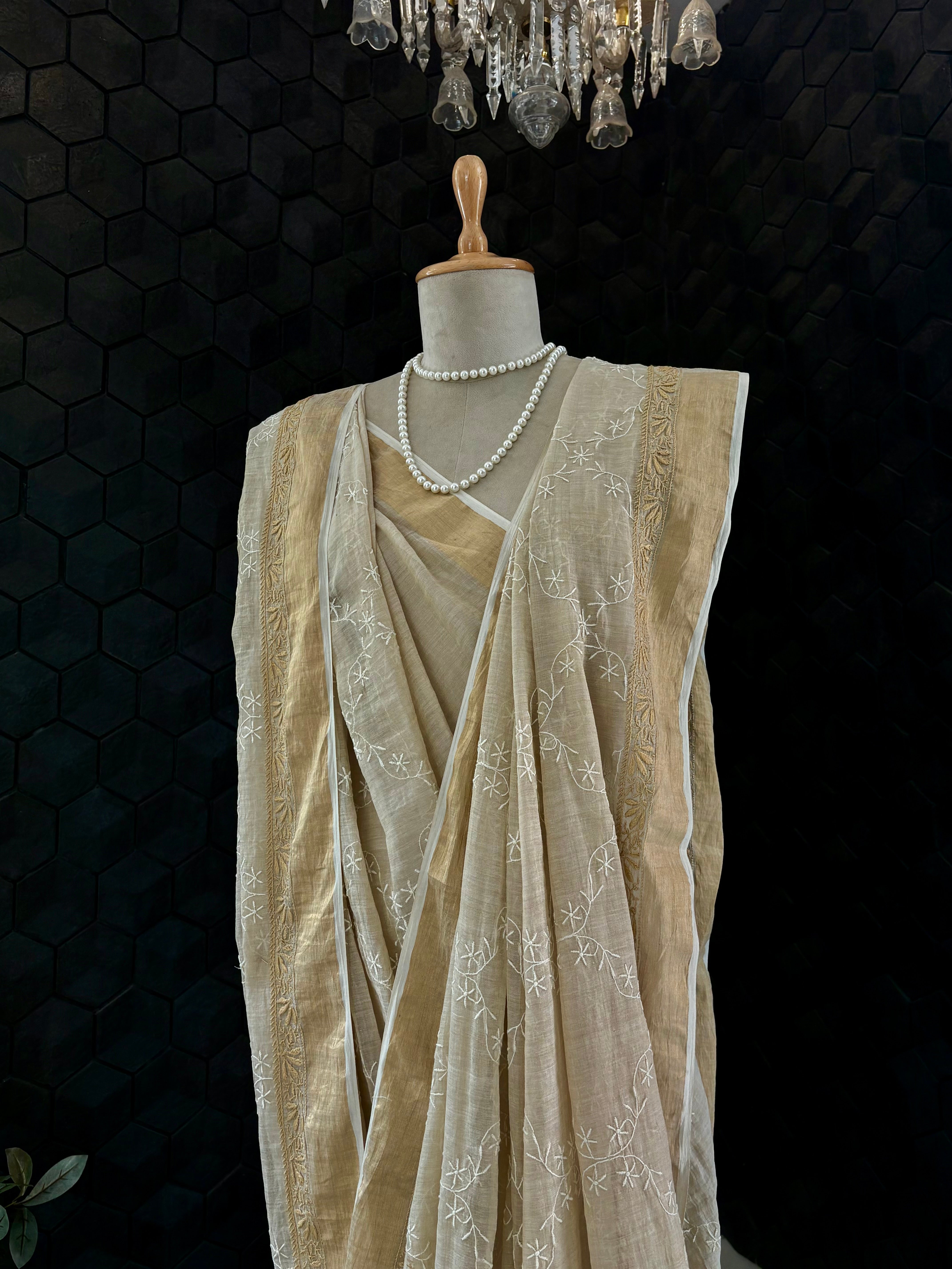 Beige Chikankari Tissue Saree