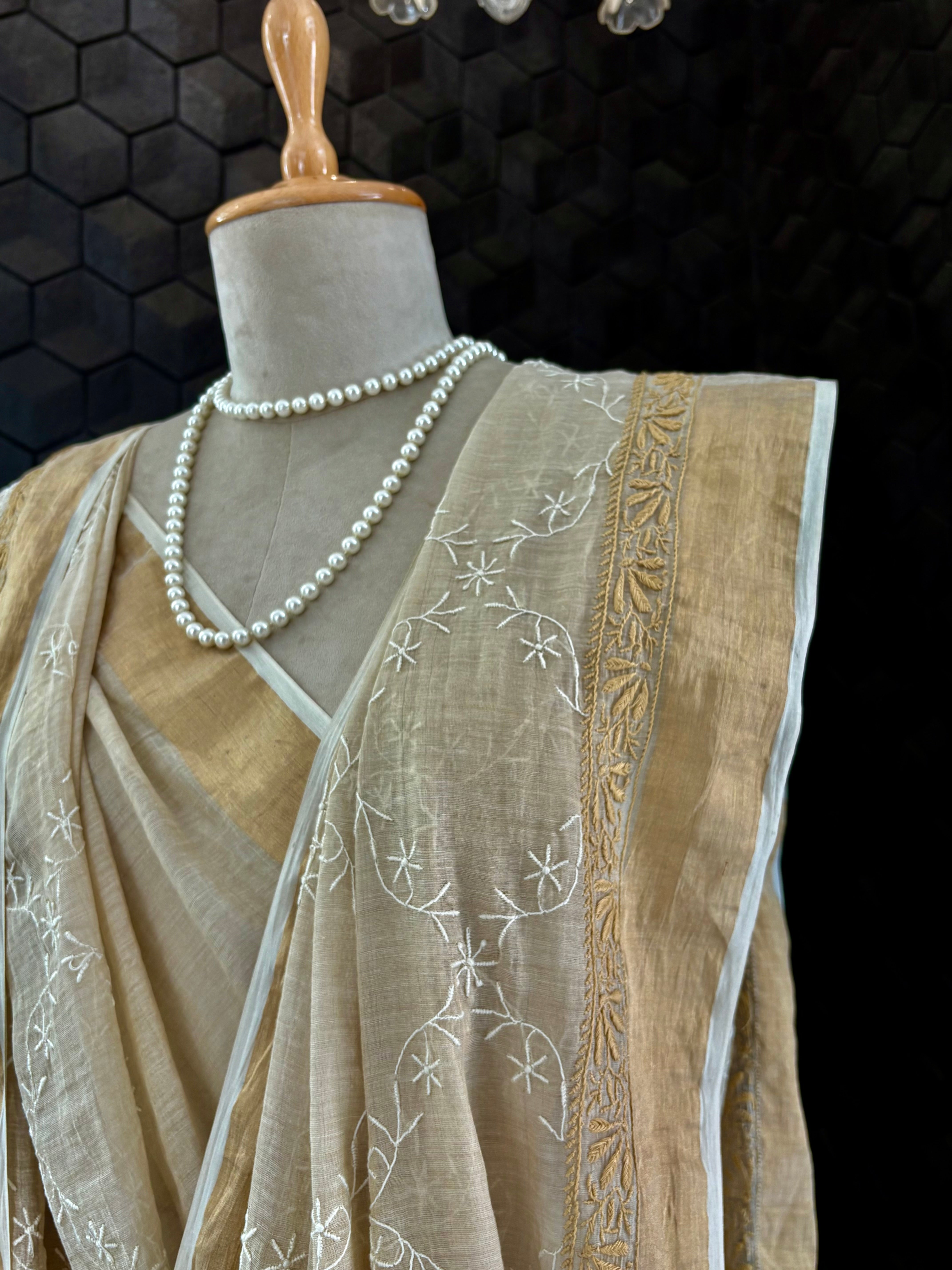 Beige Chikankari Tissue Saree