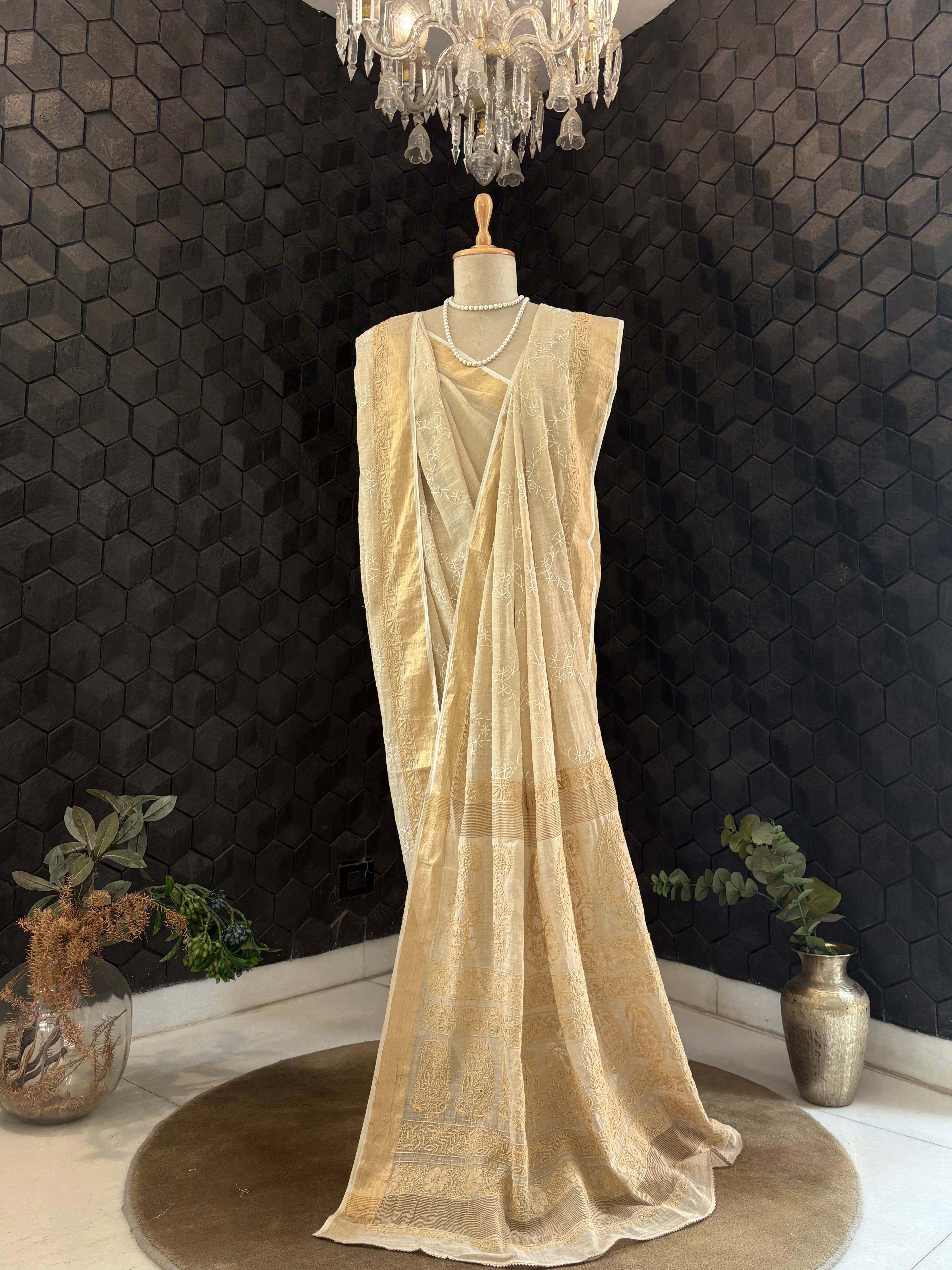 Beige Chikankari Tissue Saree