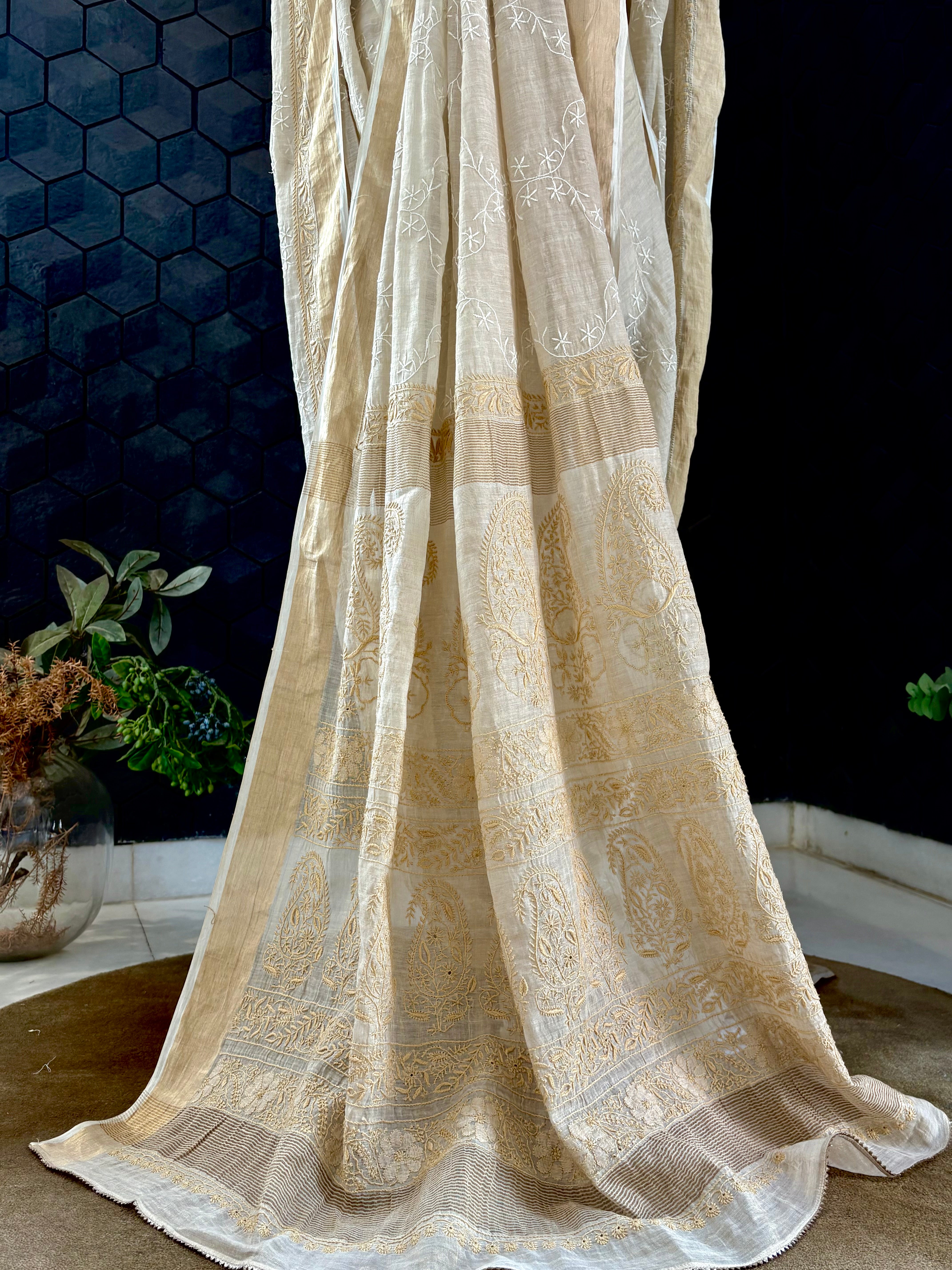 Beige Chikankari Tissue Saree
