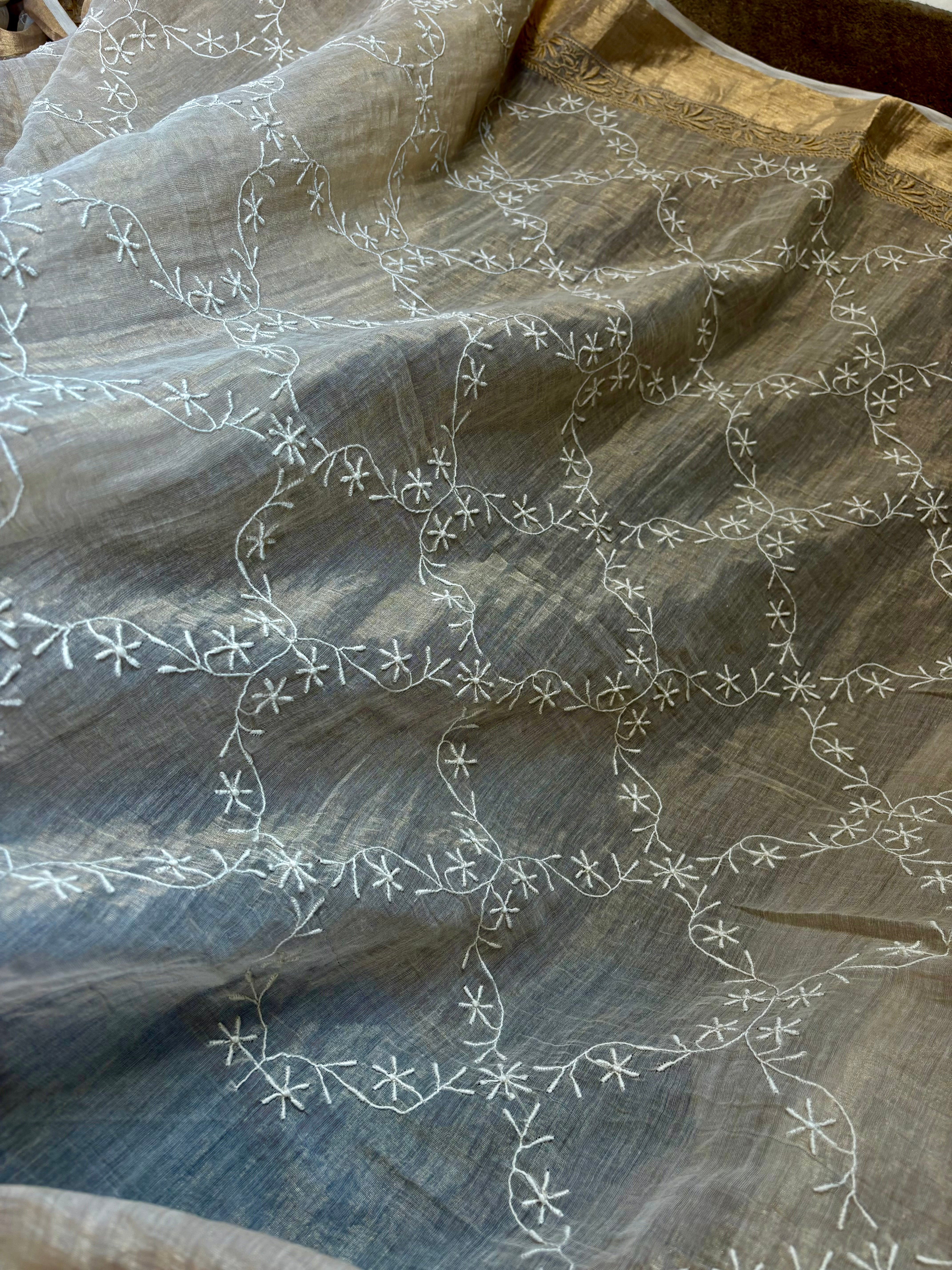 Beige Chikankari Tissue Saree