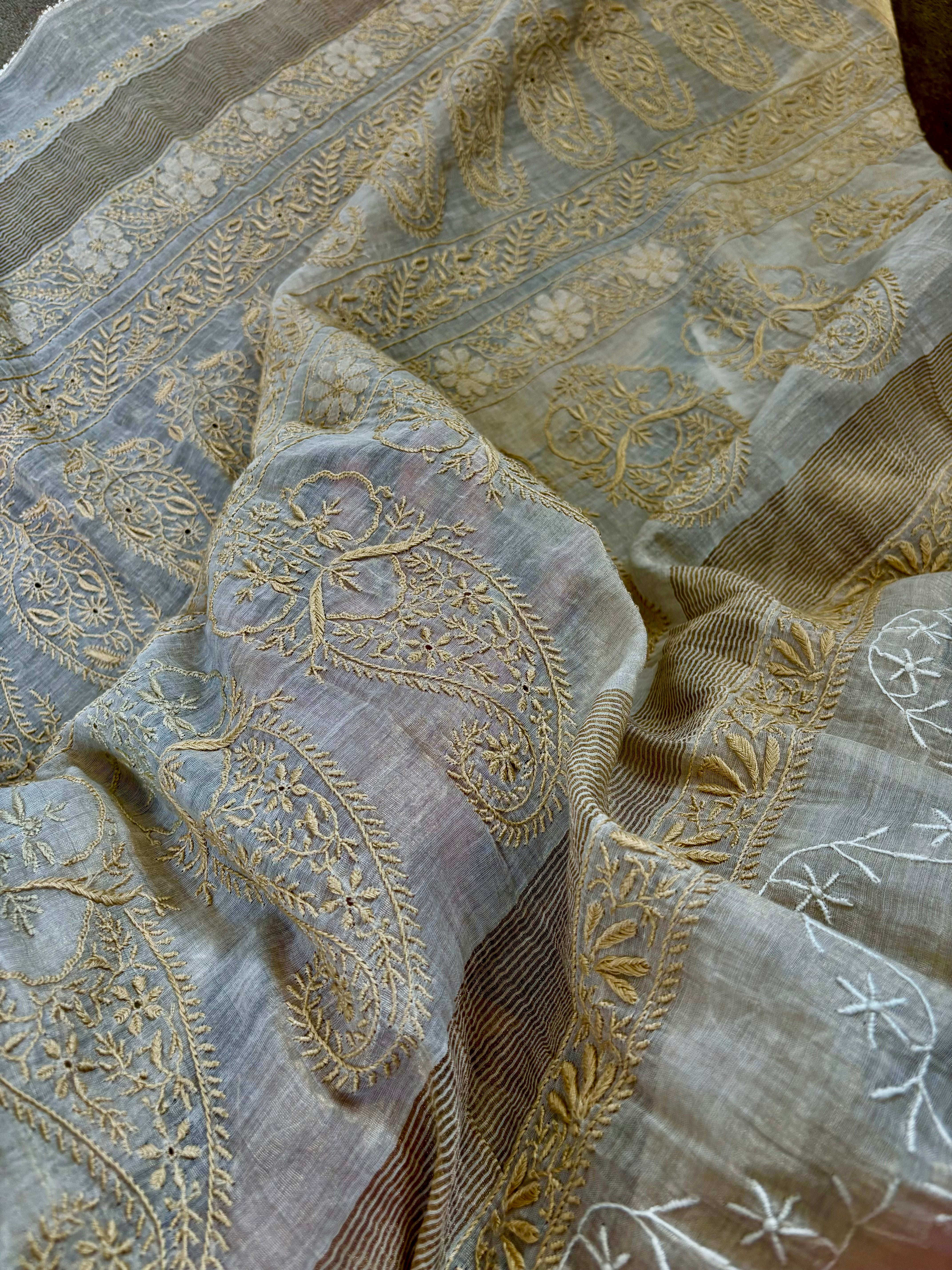 Beige Chikankari Tissue Saree