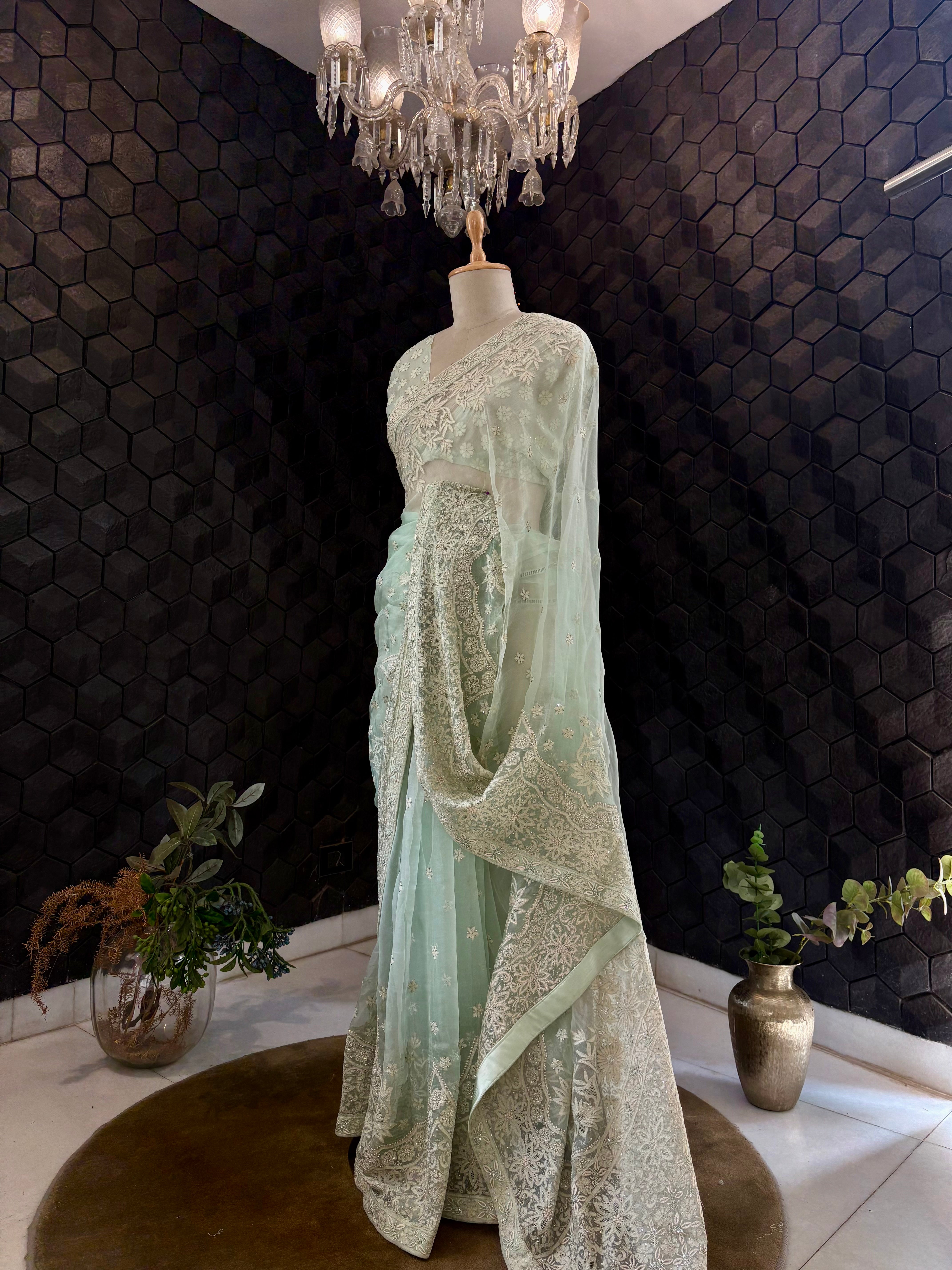 Mint Organza Chikankari Saree
