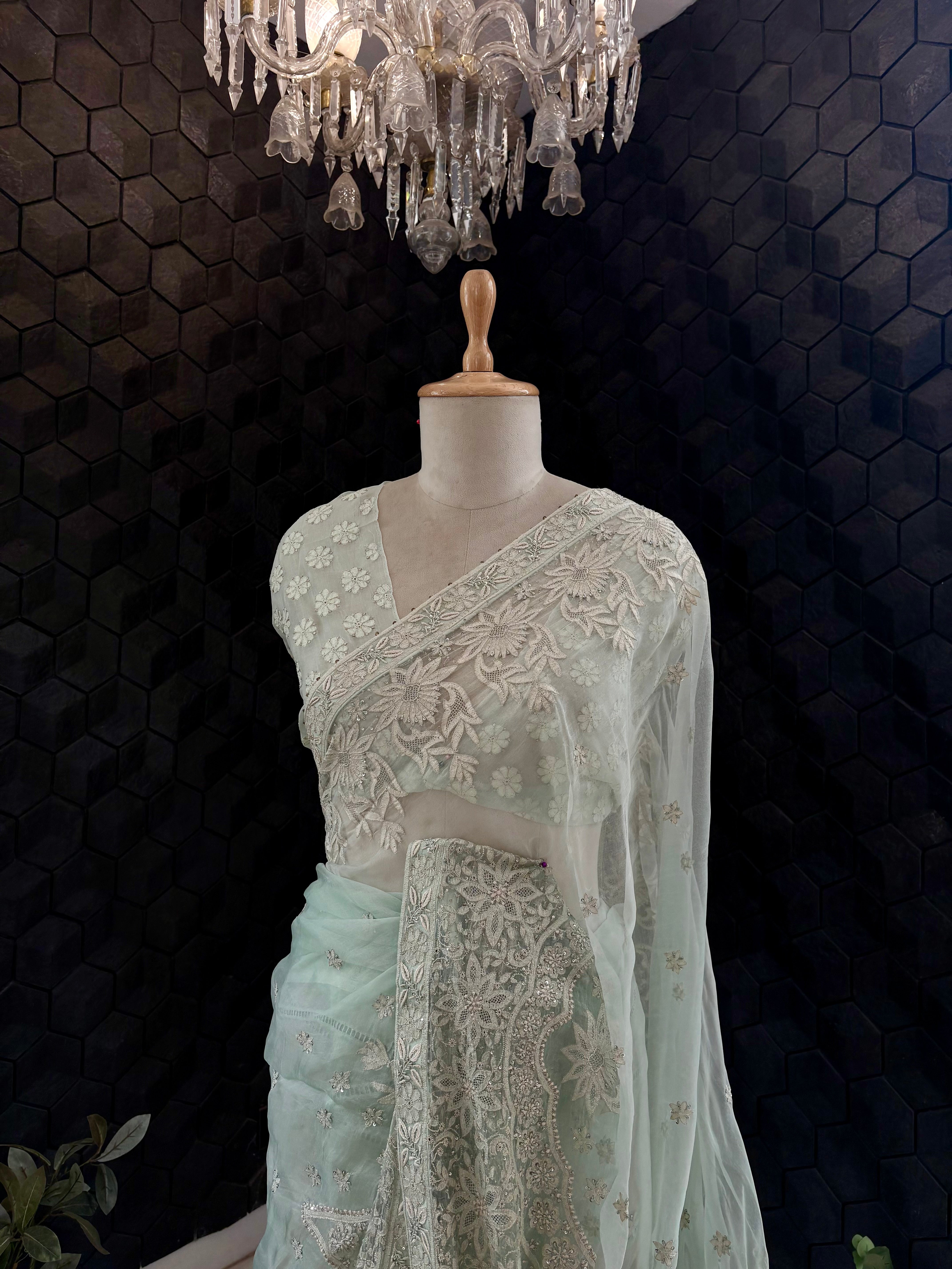 Mint Organza Chikankari Saree