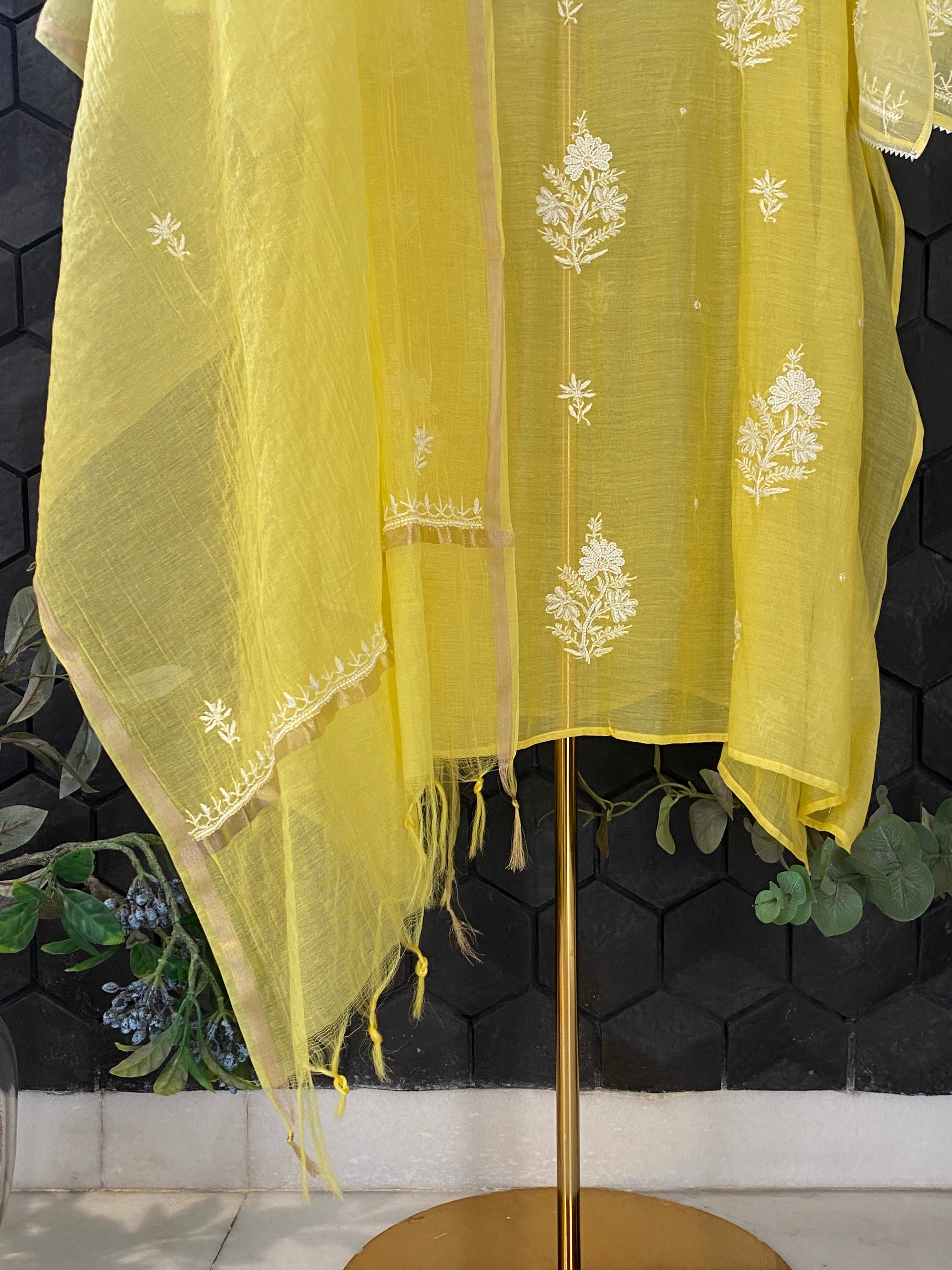 Yellow Mul Chanderi chikankari kurta set