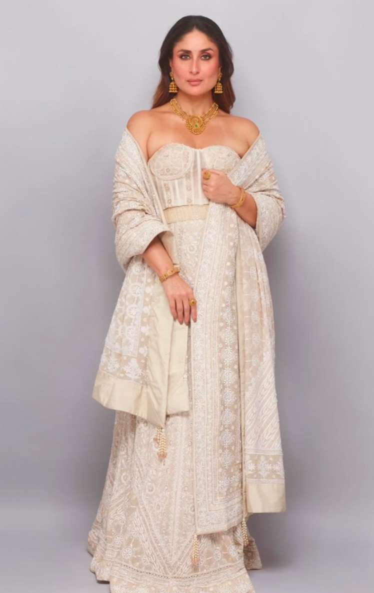 Kareena Kapoor Khan in our premium ivory and gold Chikankari Lehenga Set