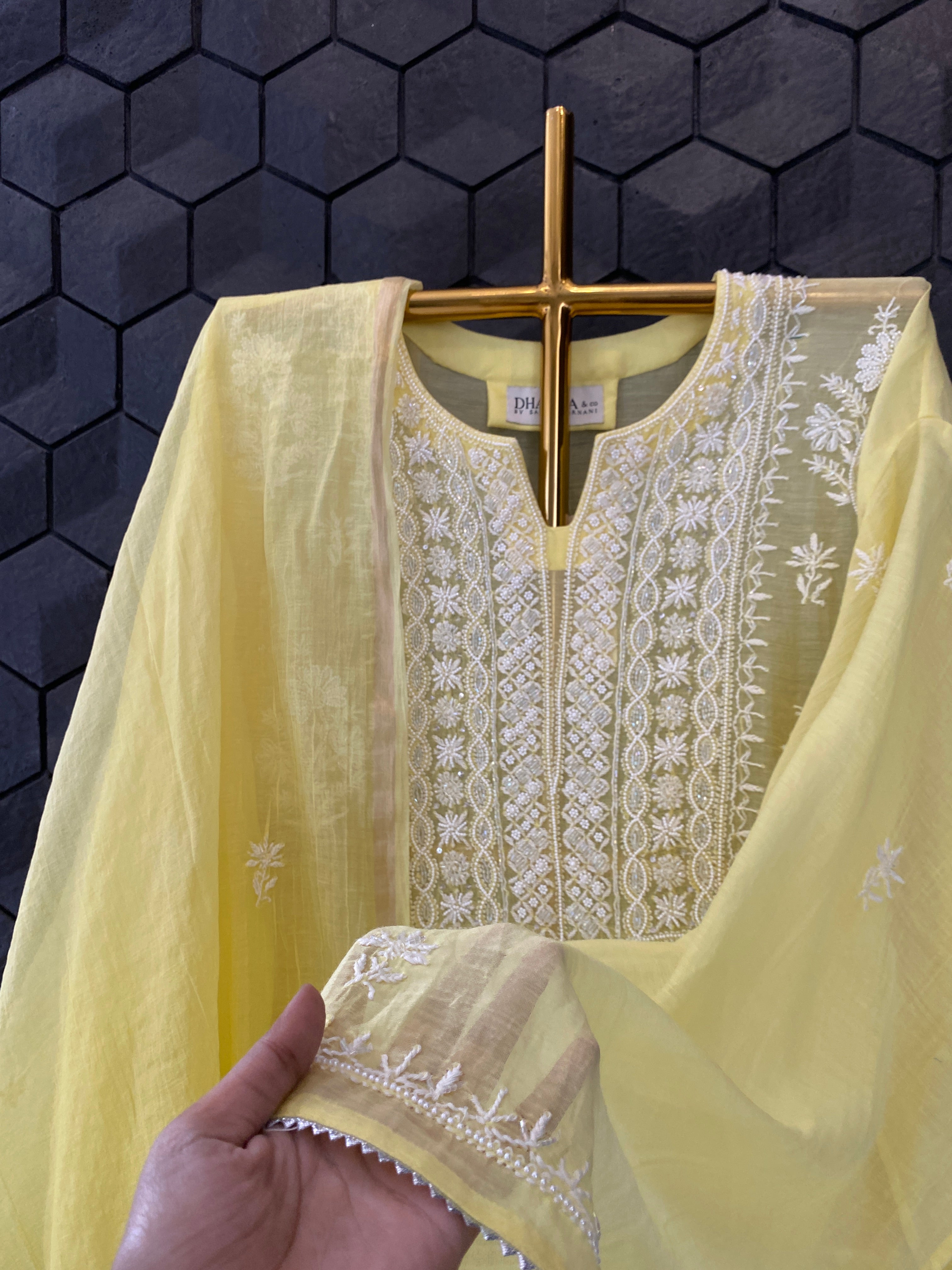 Yellow Mul Chanderi chikankari kurta set