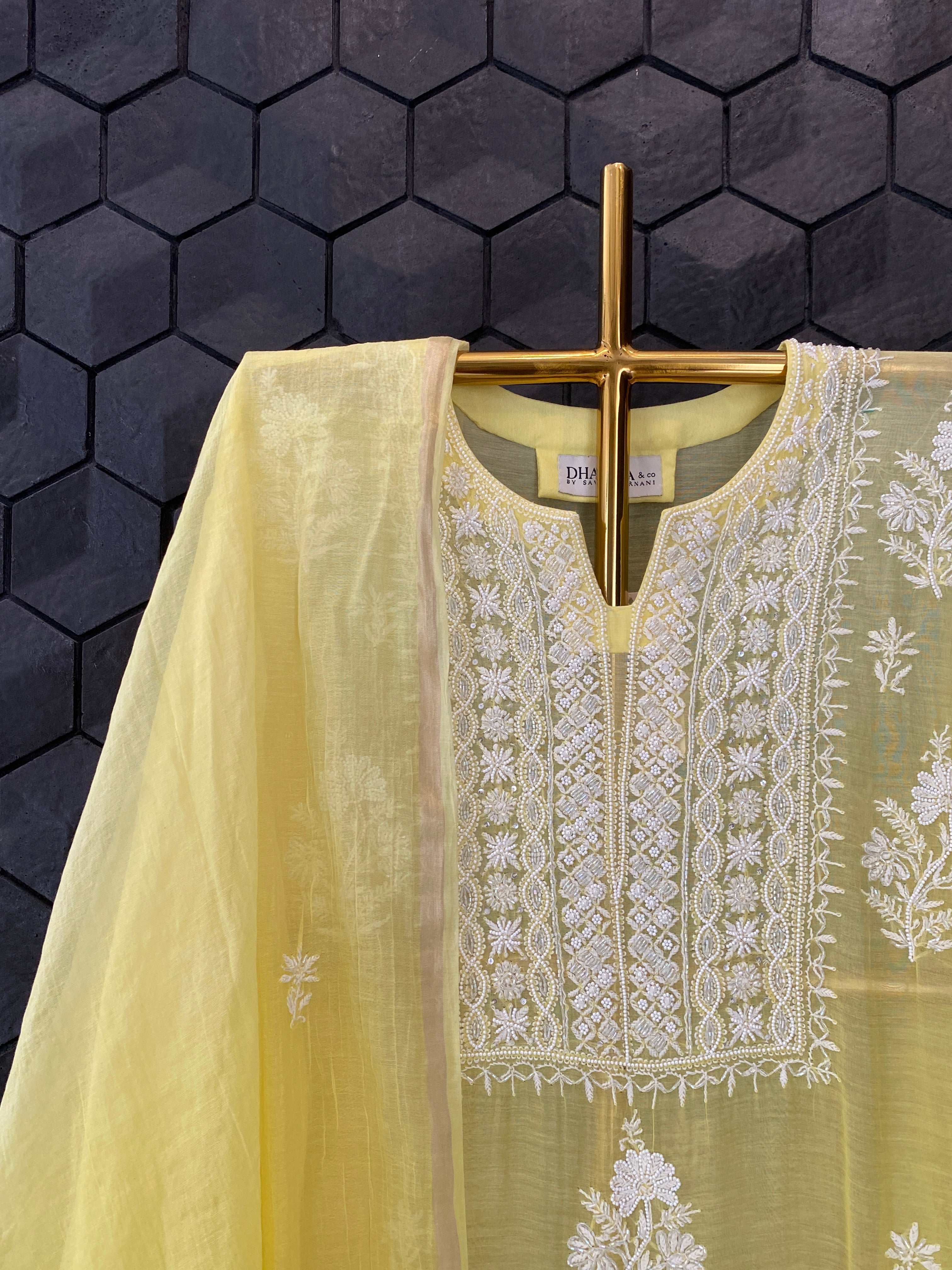 Yellow Mul Chanderi chikankari kurta set