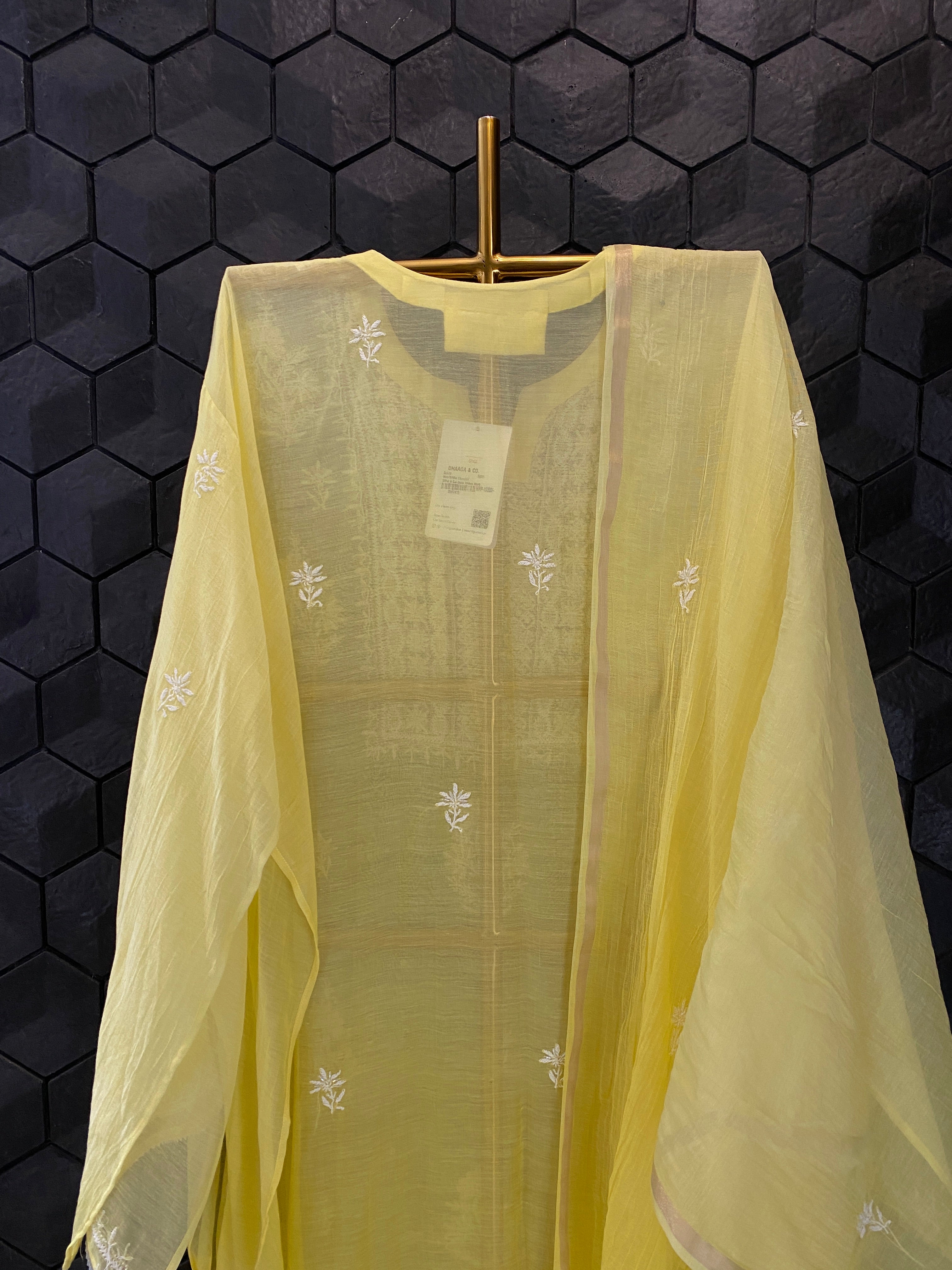 Yellow Mul Chanderi chikankari kurta set