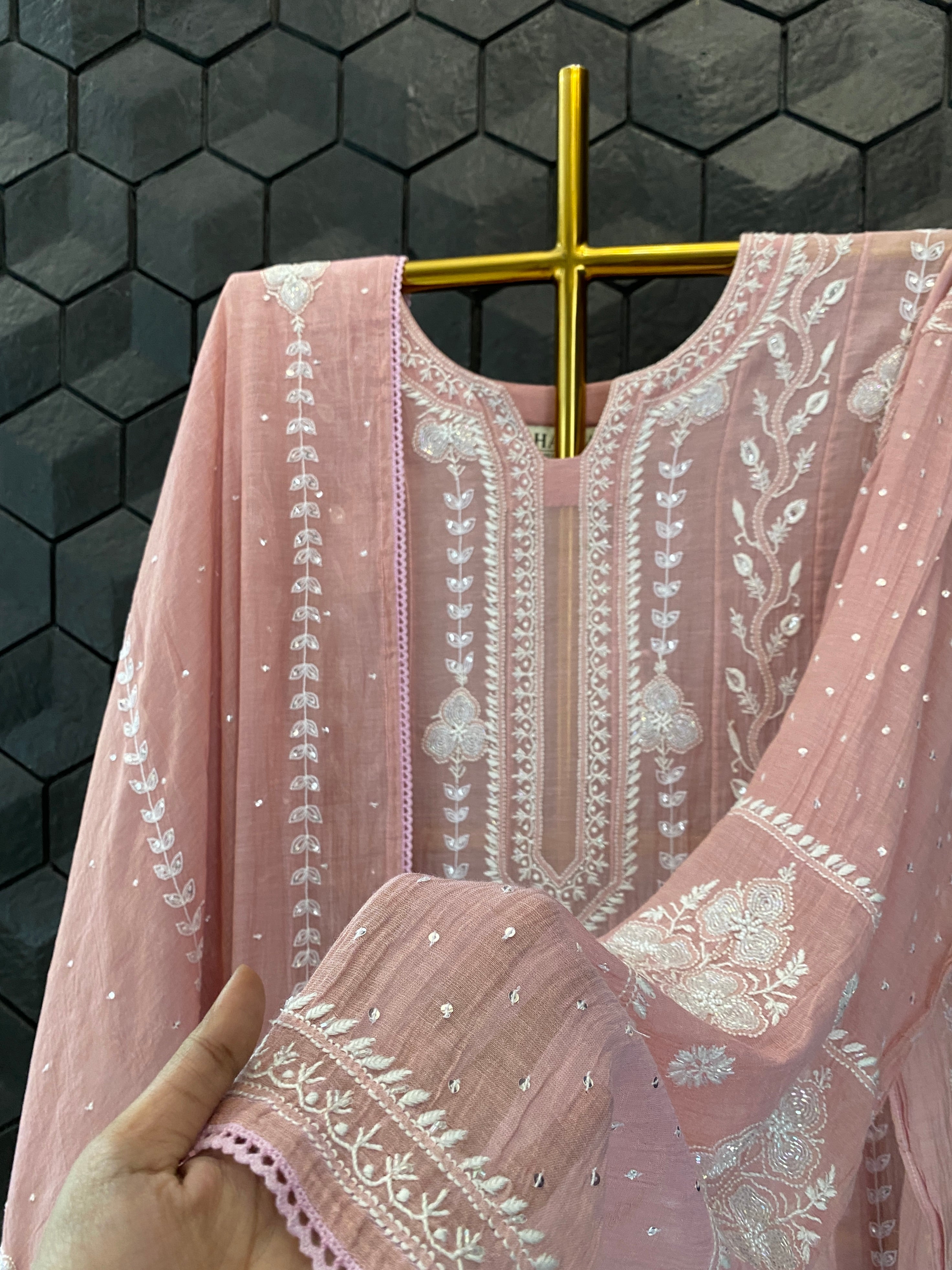 Pink Golden Tissue Chikankari Anarkali Set