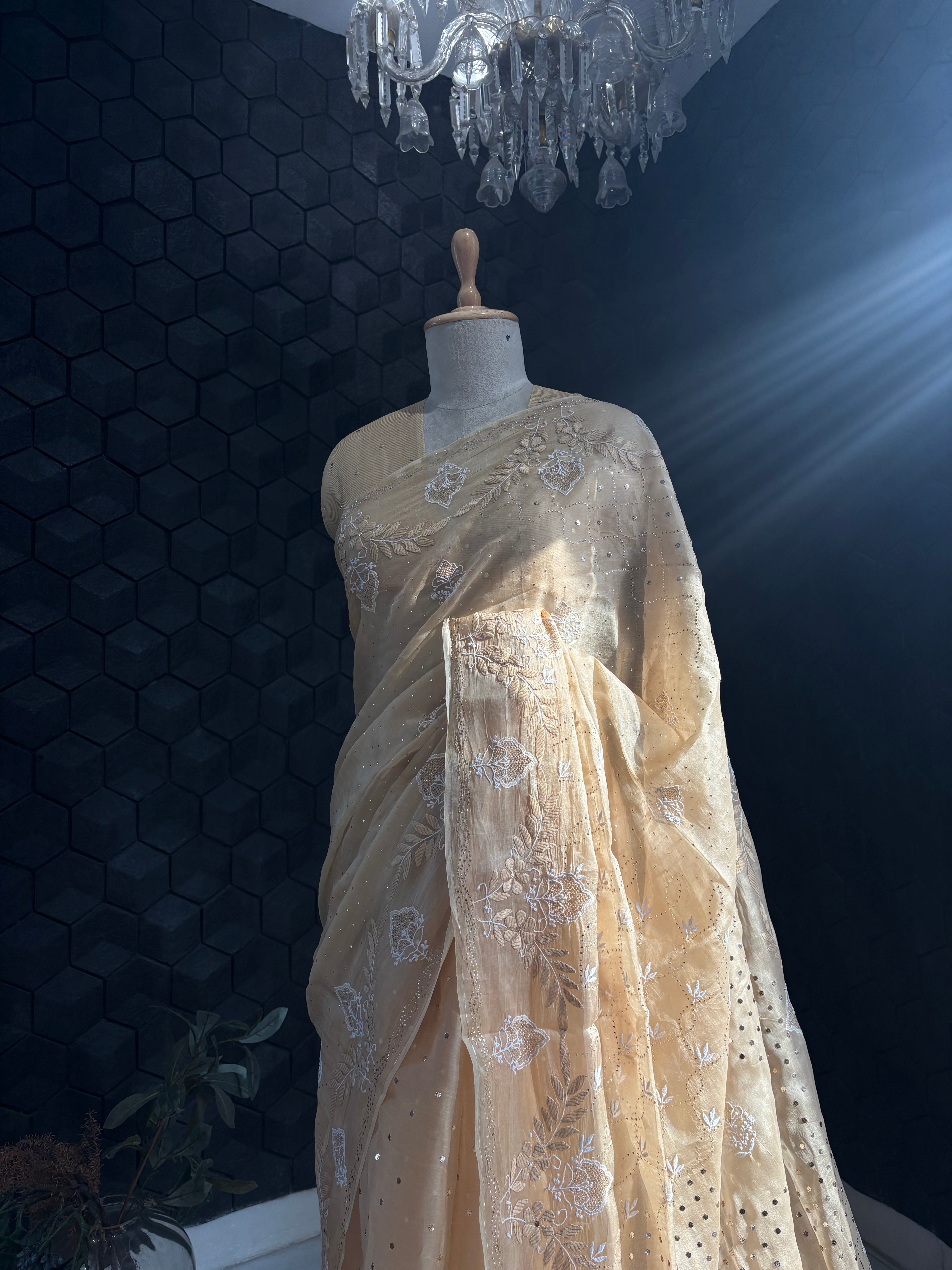 Gold Organza Chikankari and Mukaish Work
