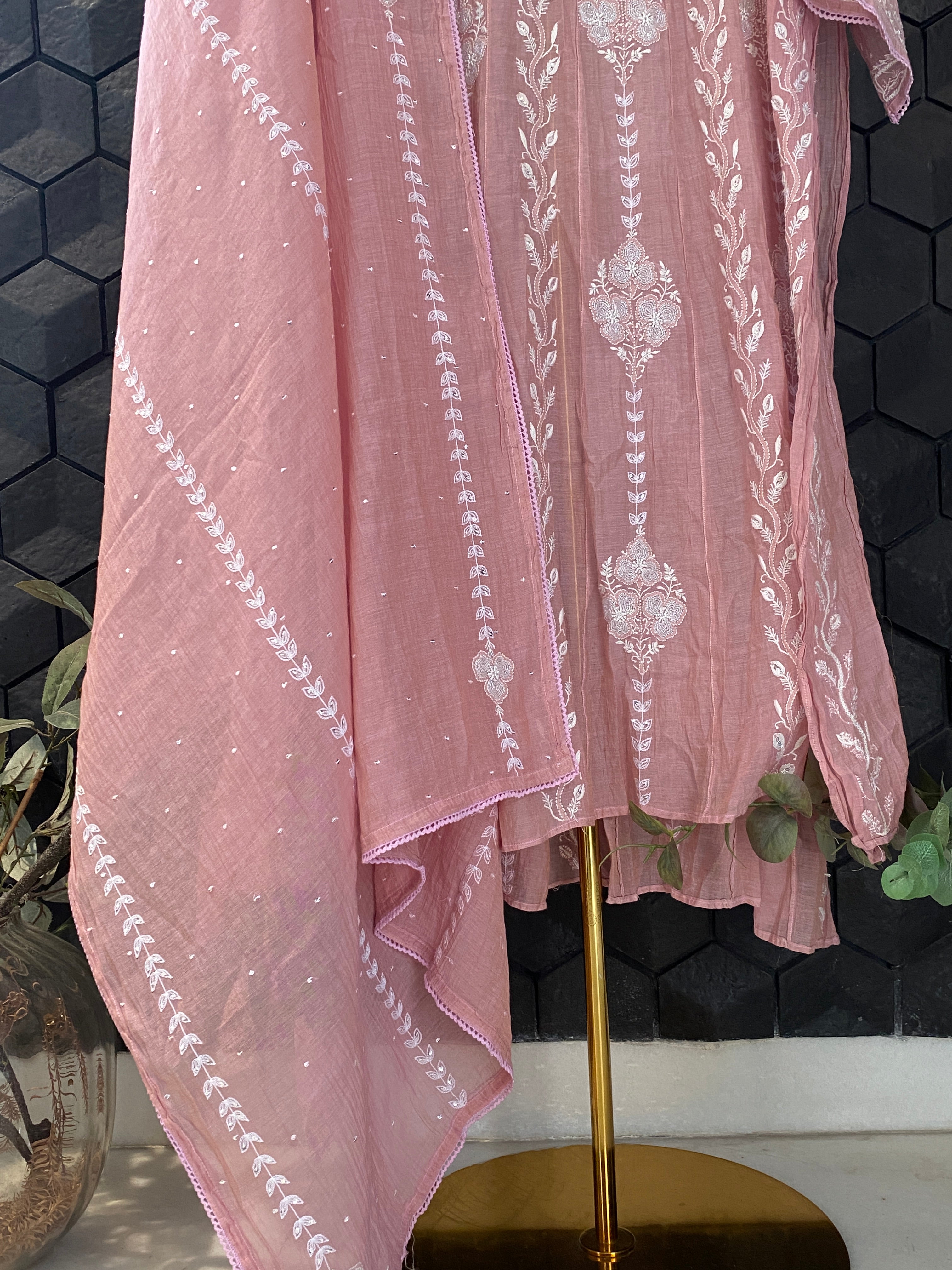 Pink Golden Tissue Chikankari Anarkali Set