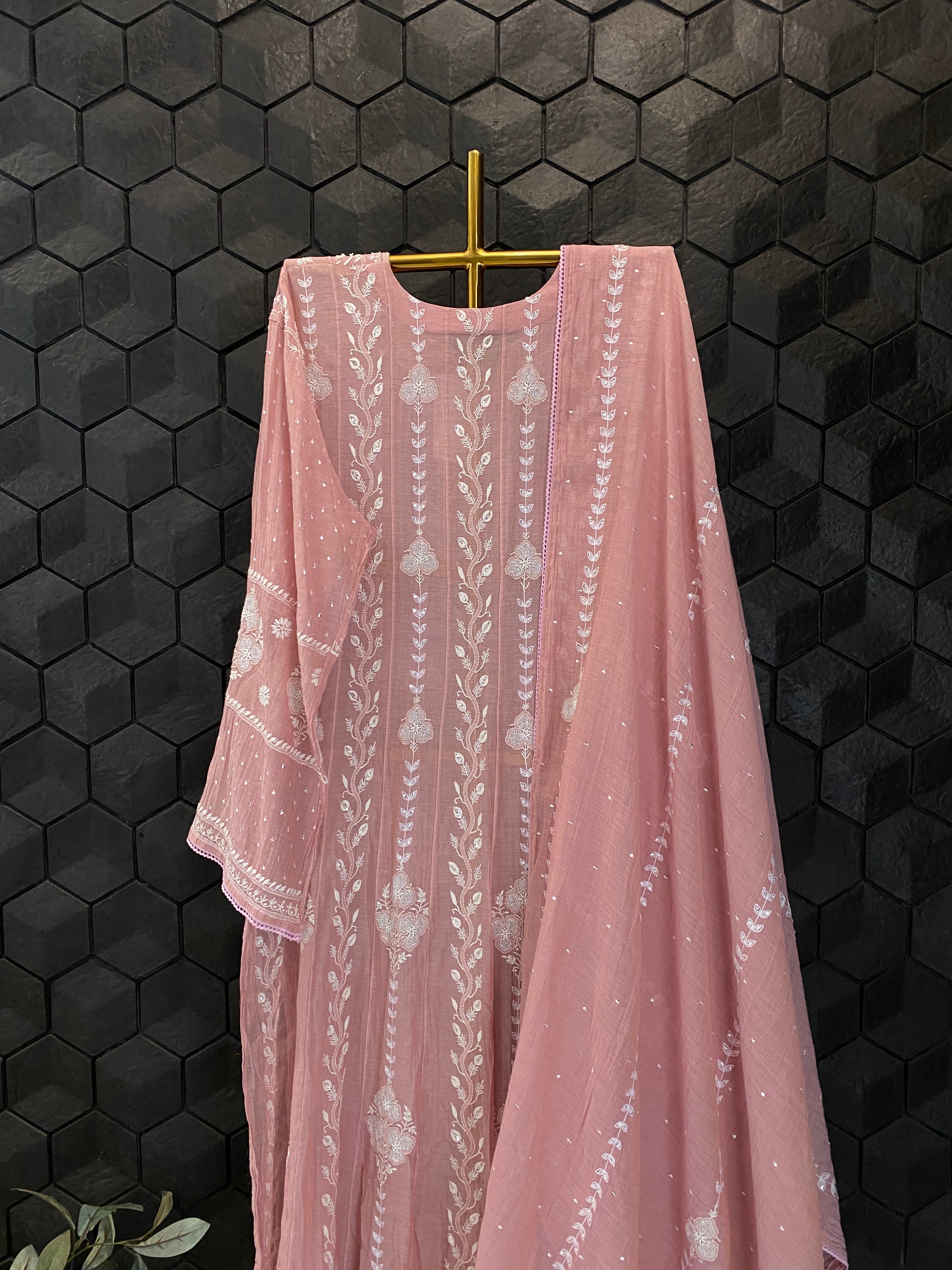 Pink Golden Tissue Chikankari Anarkali Set