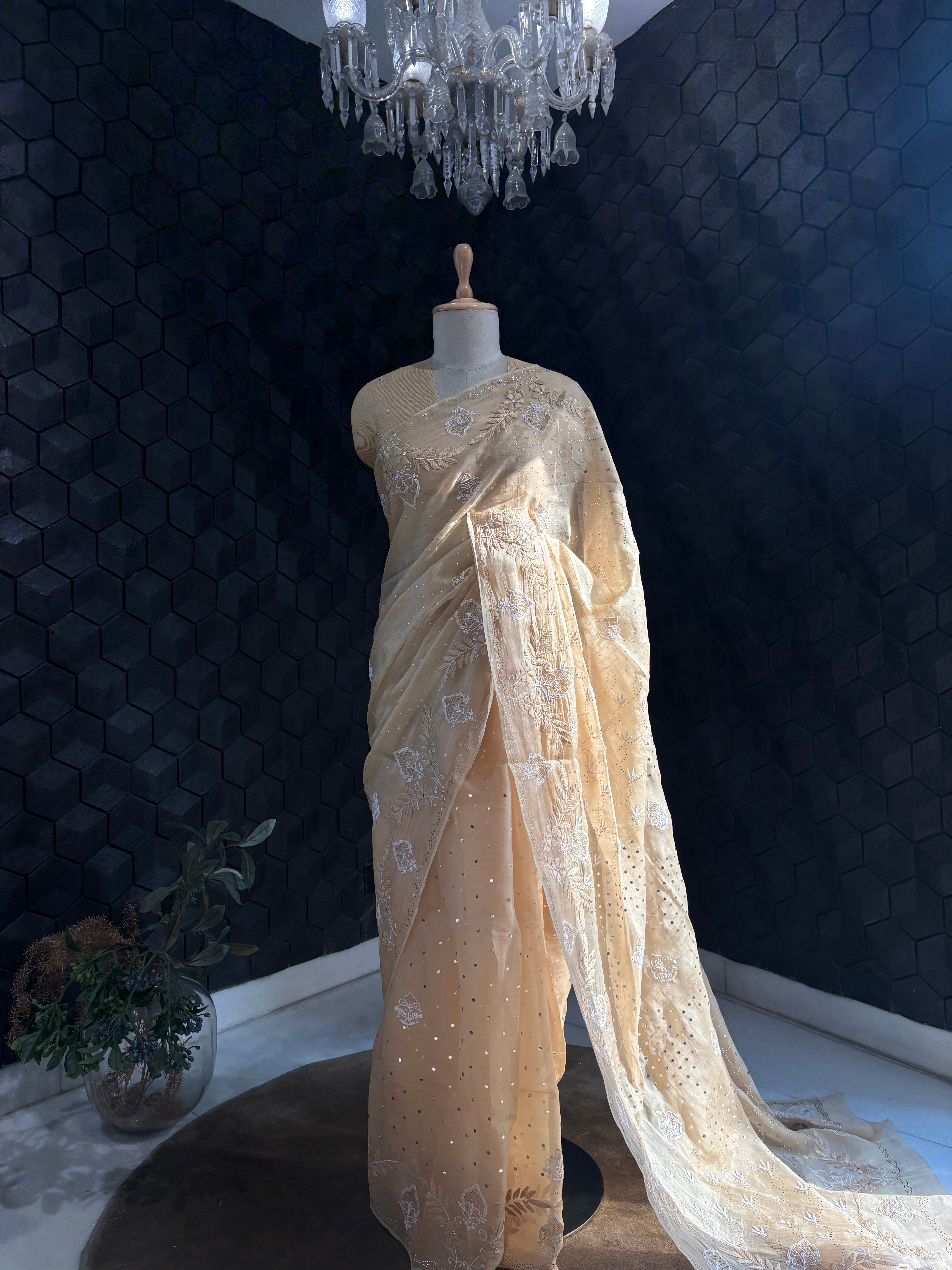 Gold Organza Chikankari and Mukaish Work