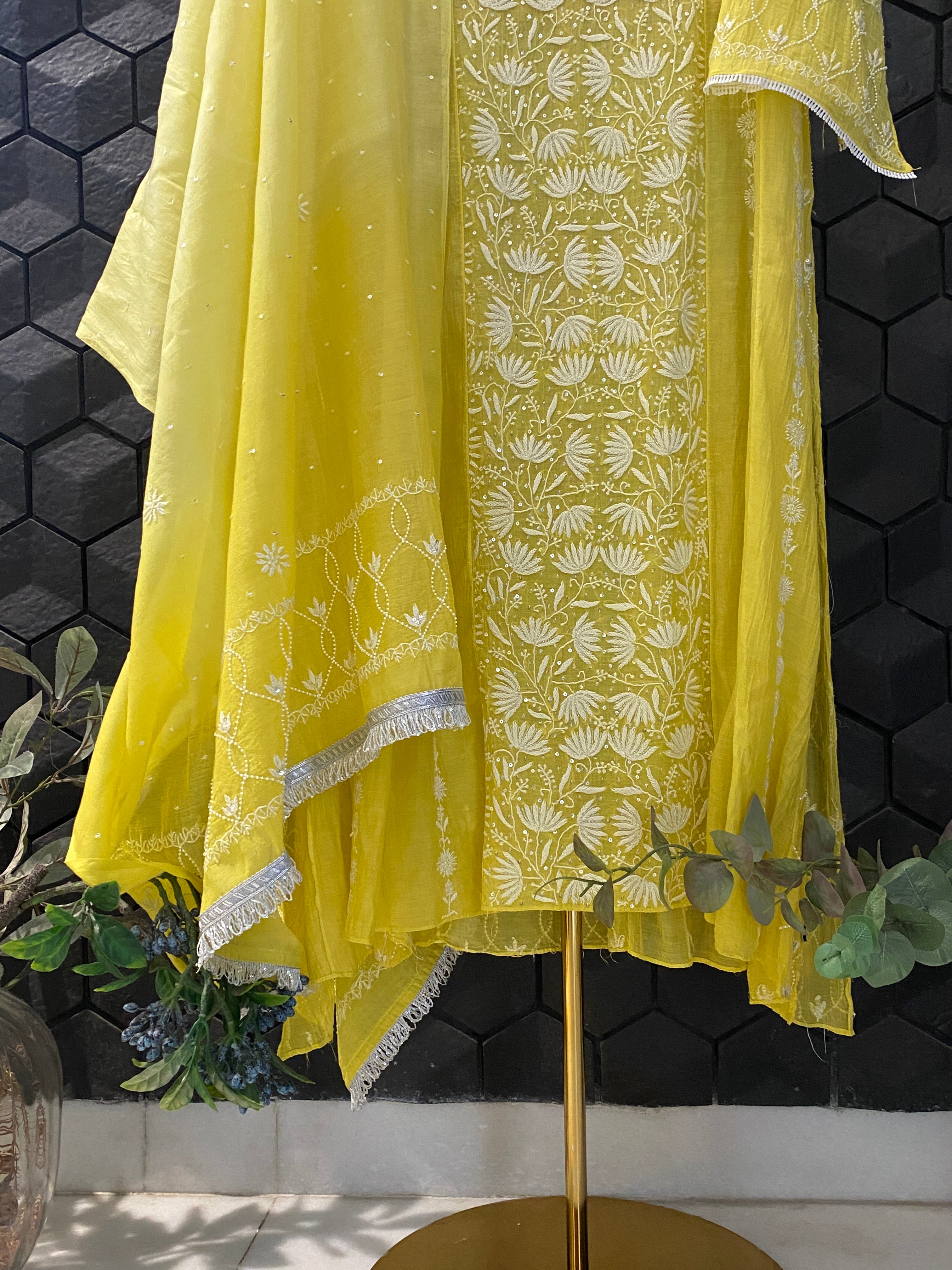 Yellow Mul Chanderi Chikankari Anarkali