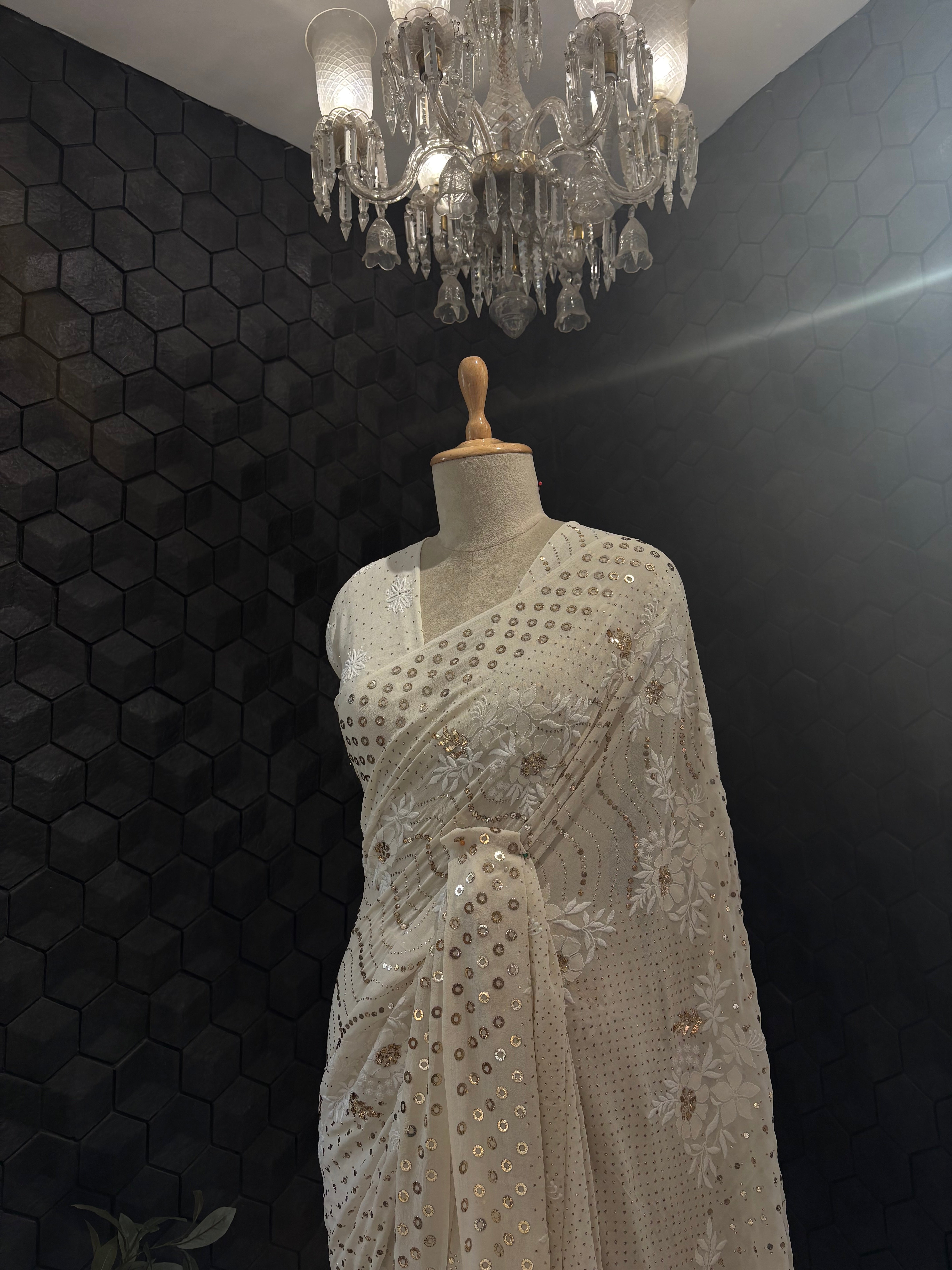 Ivory Georgette Mukaish Saree