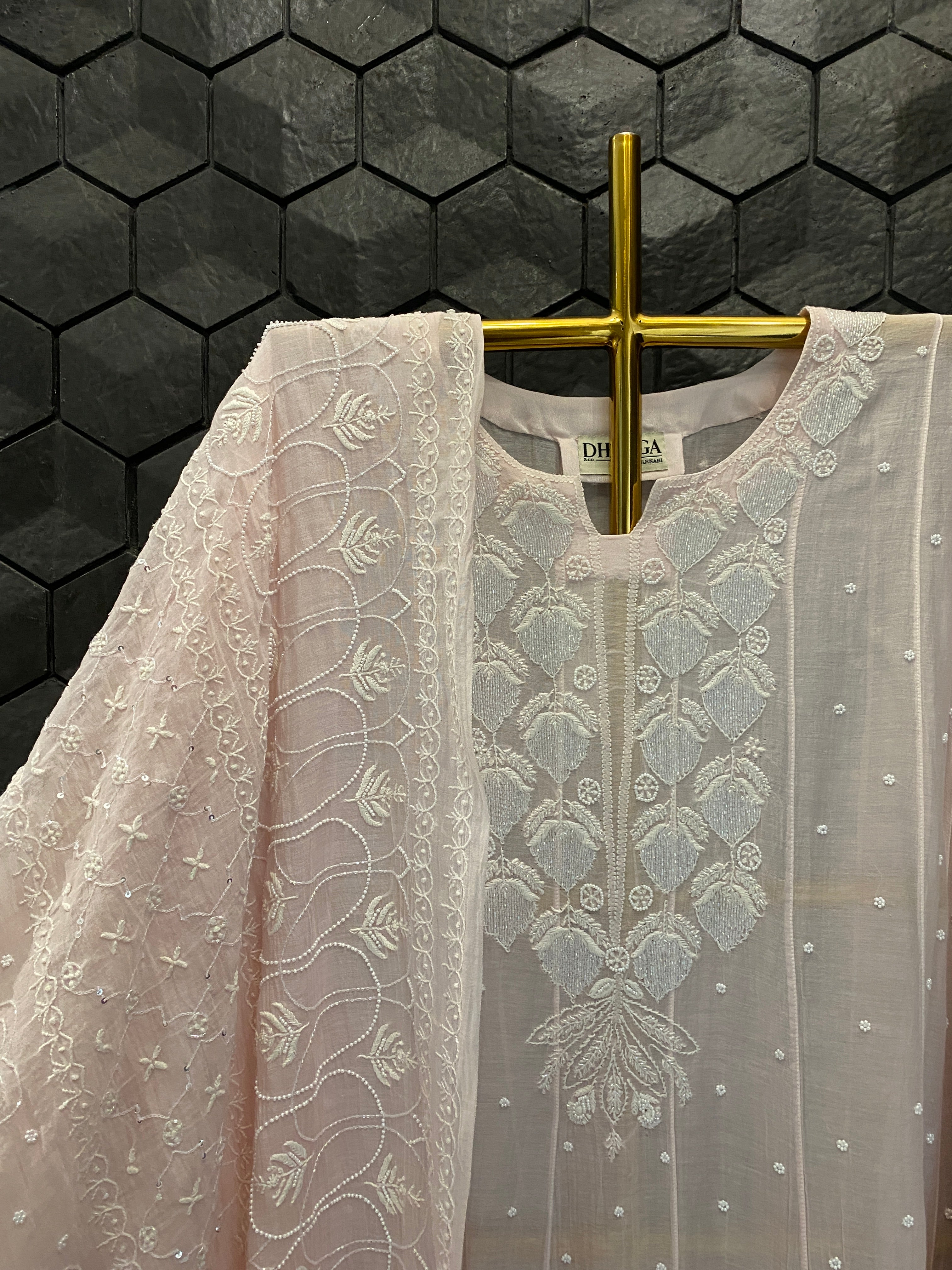 Pink mul chanderi chikankari Anarkali set