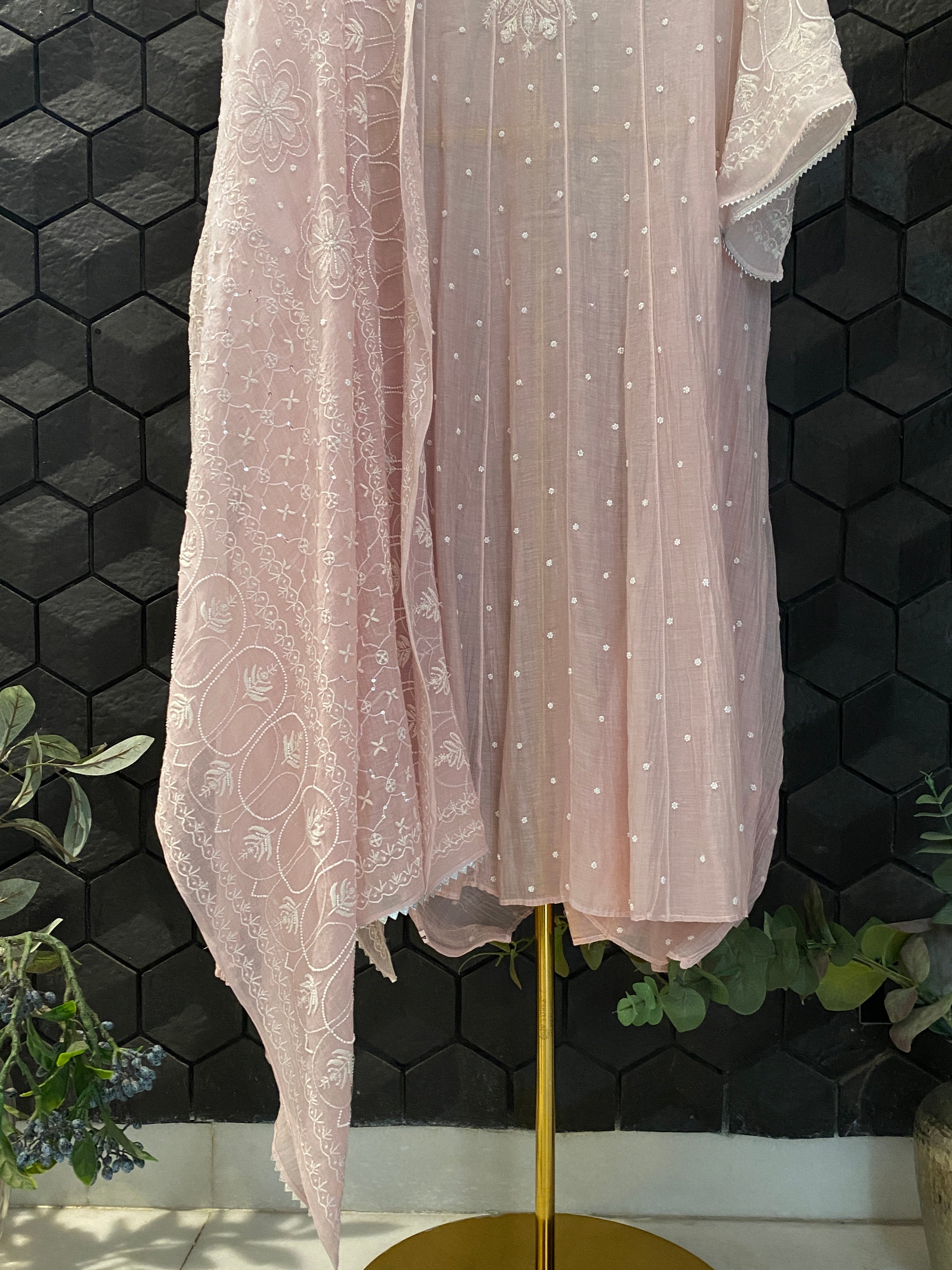 Pink mul chanderi chikankari Anarkali set