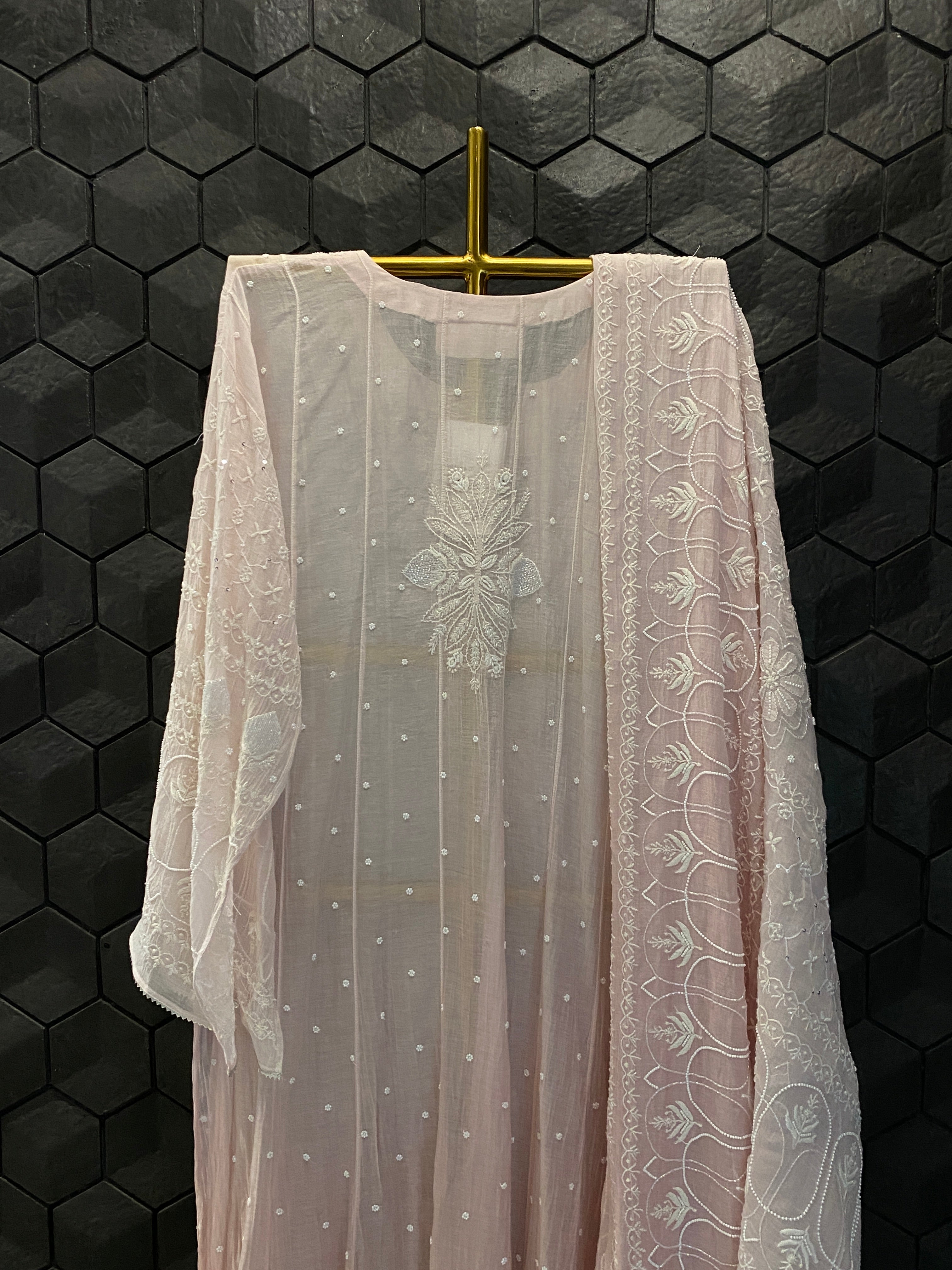 Pink mul chanderi chikankari Anarkali set