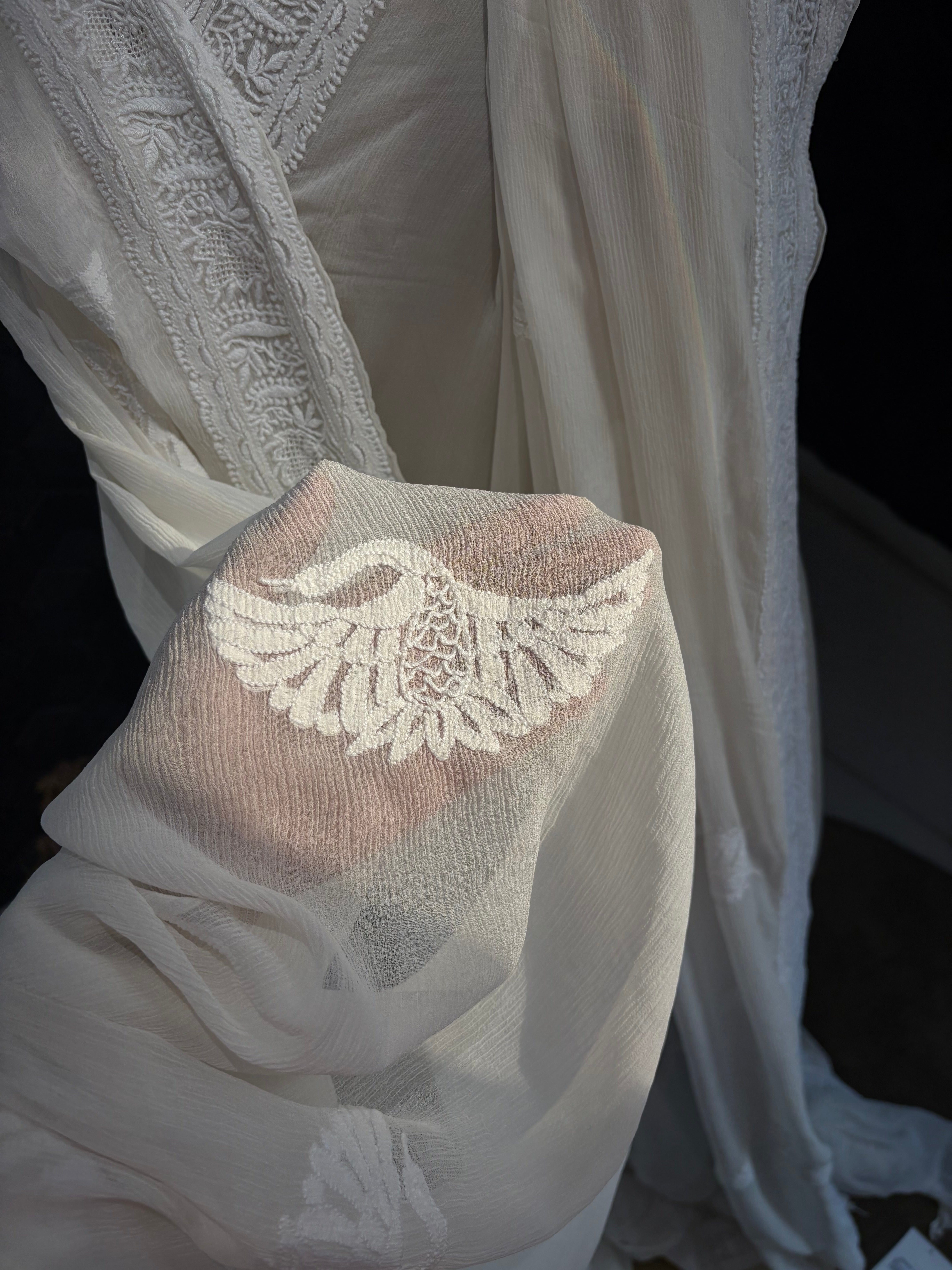 White Chiffon Chikankari Saree