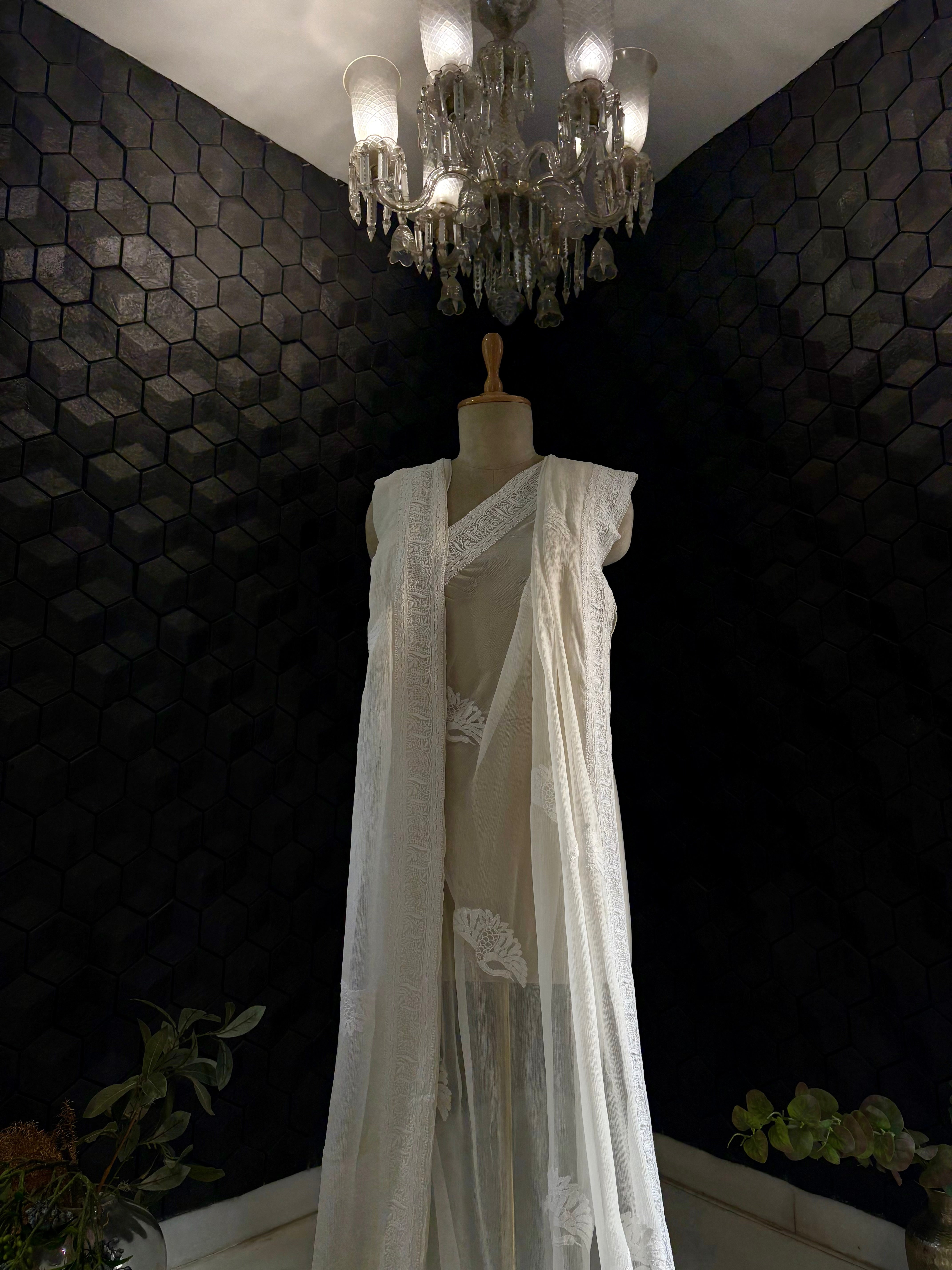 White Chiffon Chikankari Saree
