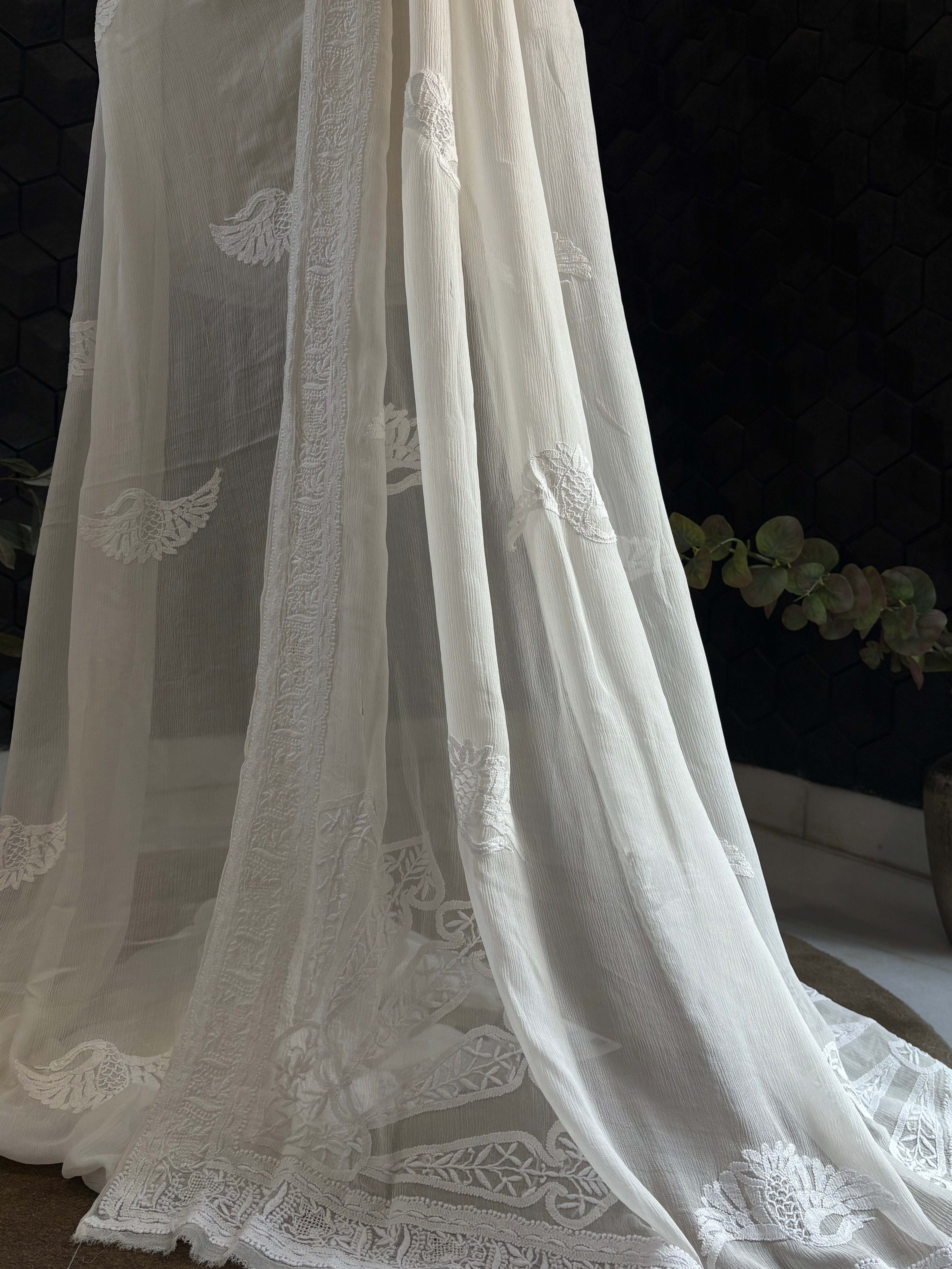 White Chiffon Chikankari Saree