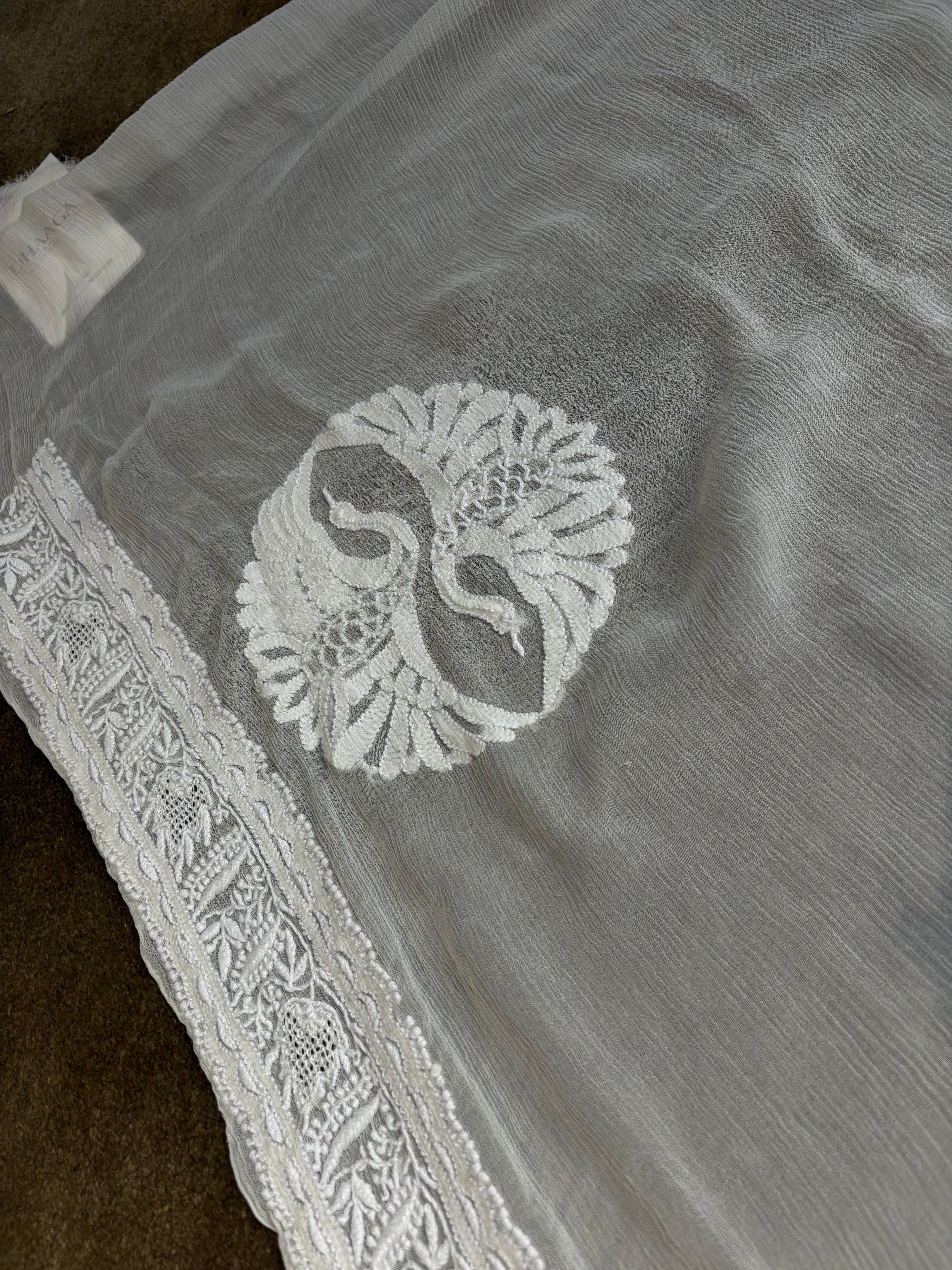 White Chiffon Chikankari Saree