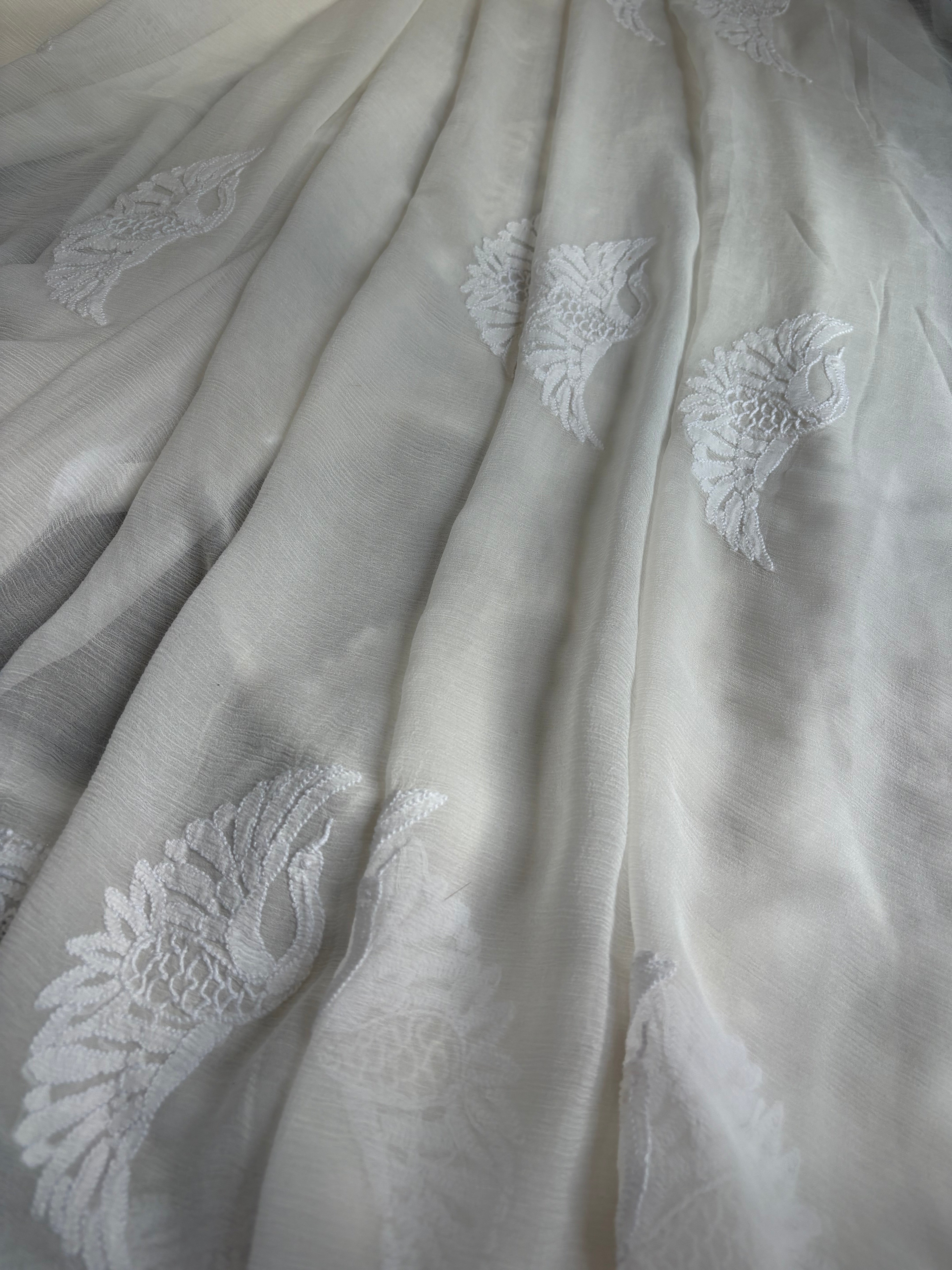 White Chiffon Chikankari Saree