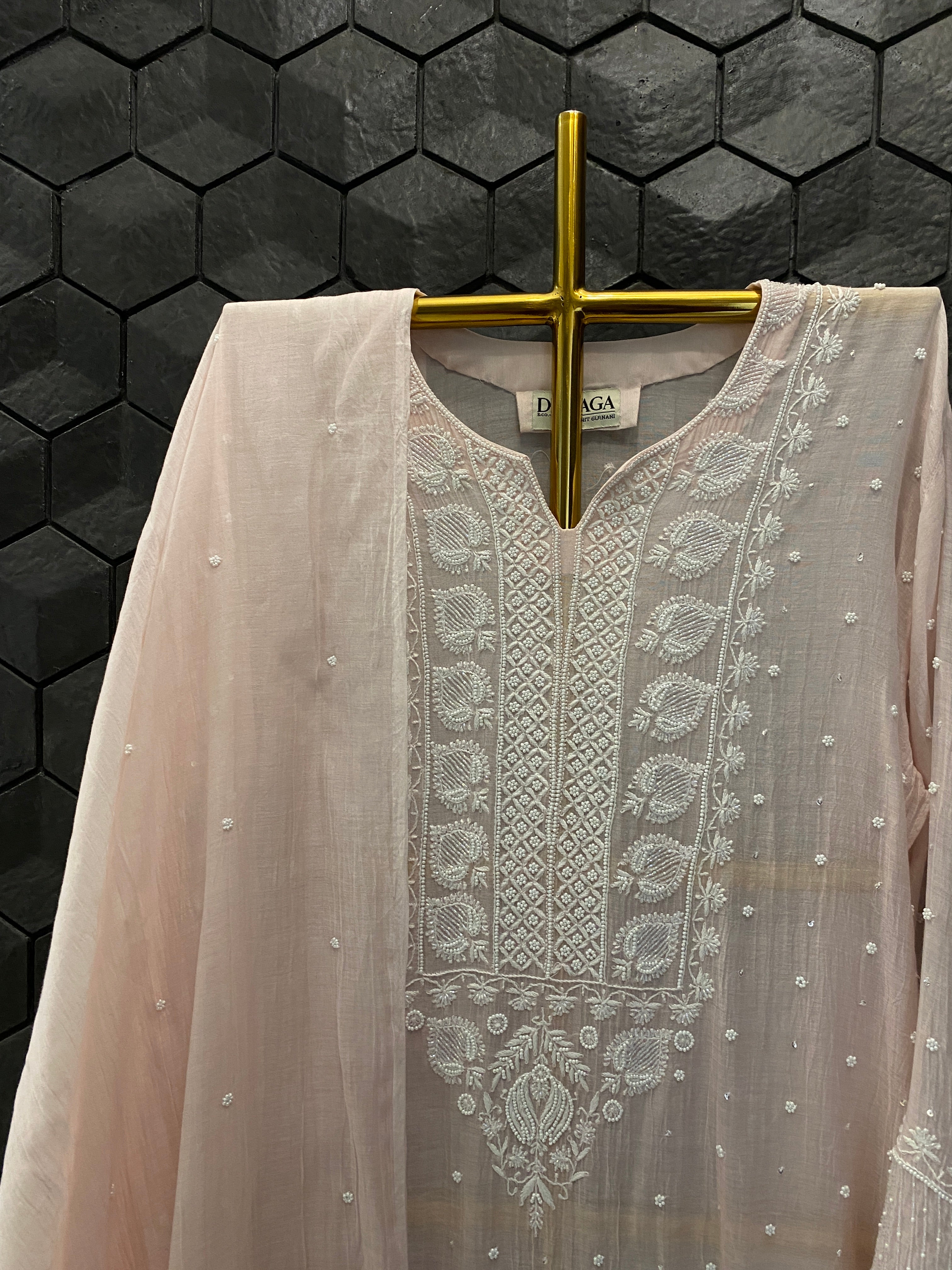 Pink Mul Chanderi Chikankari kurta set