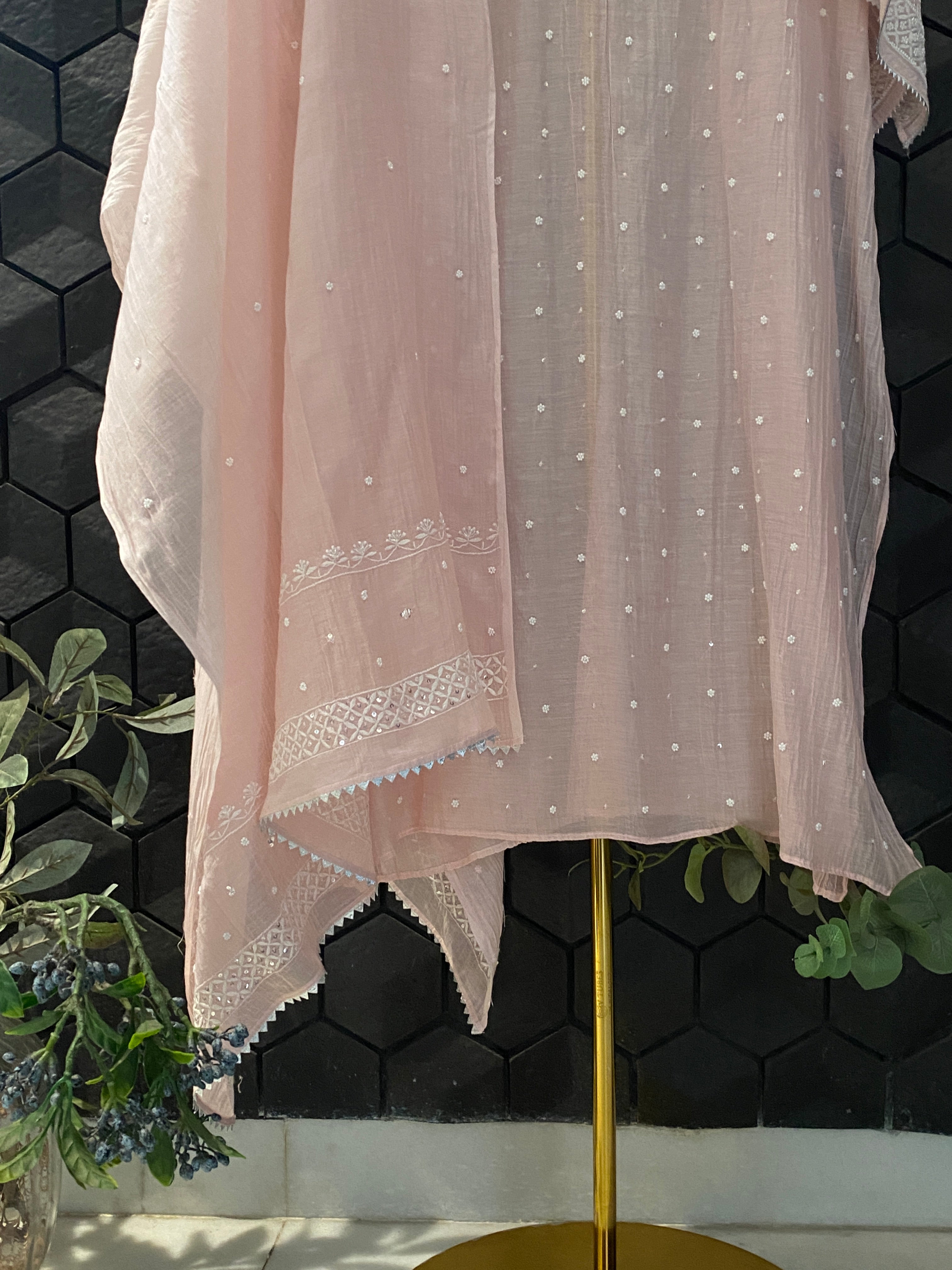 Pink Mul Chanderi Chikankari kurta set