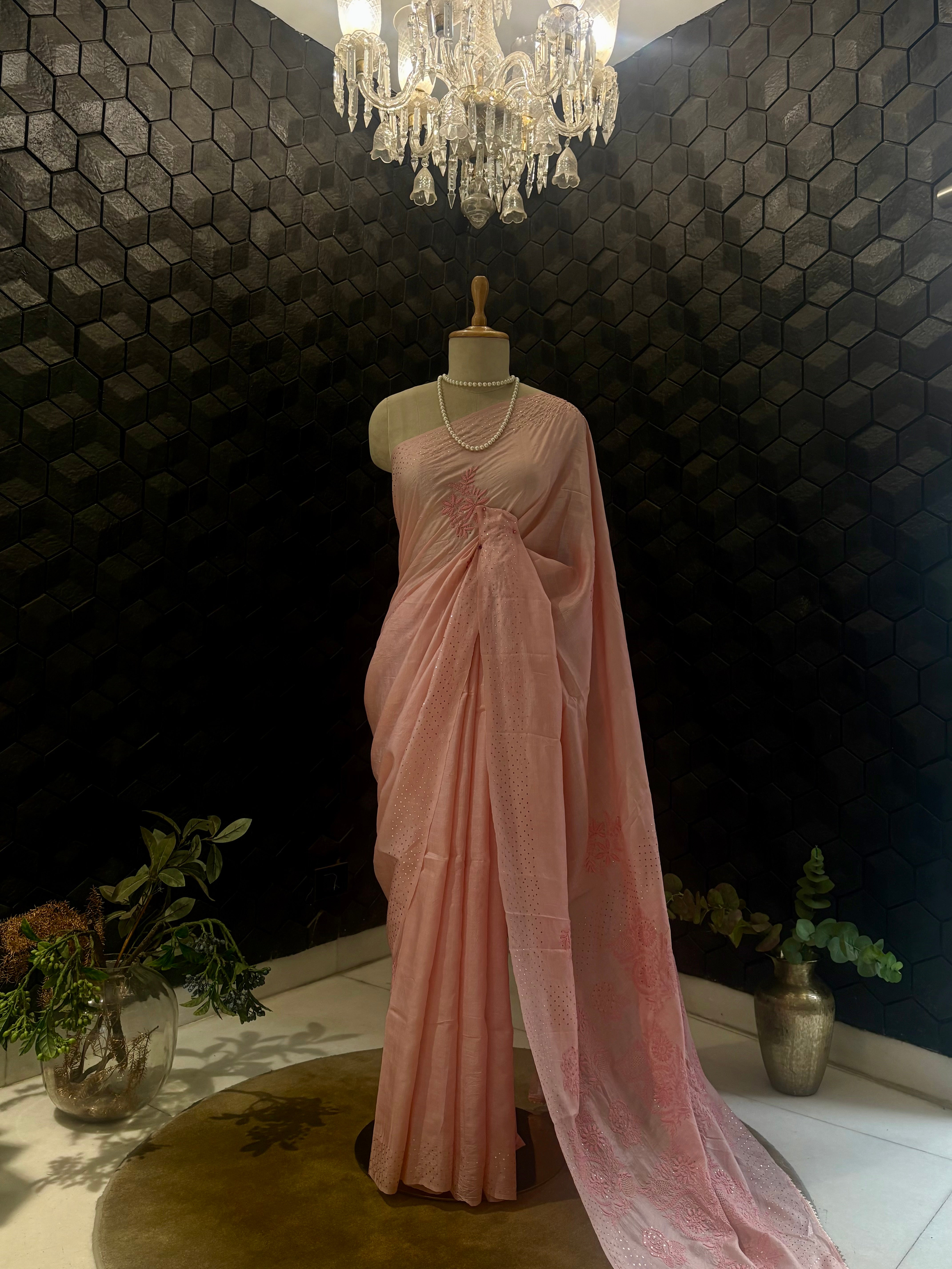 Pink Tussar Silk Saree