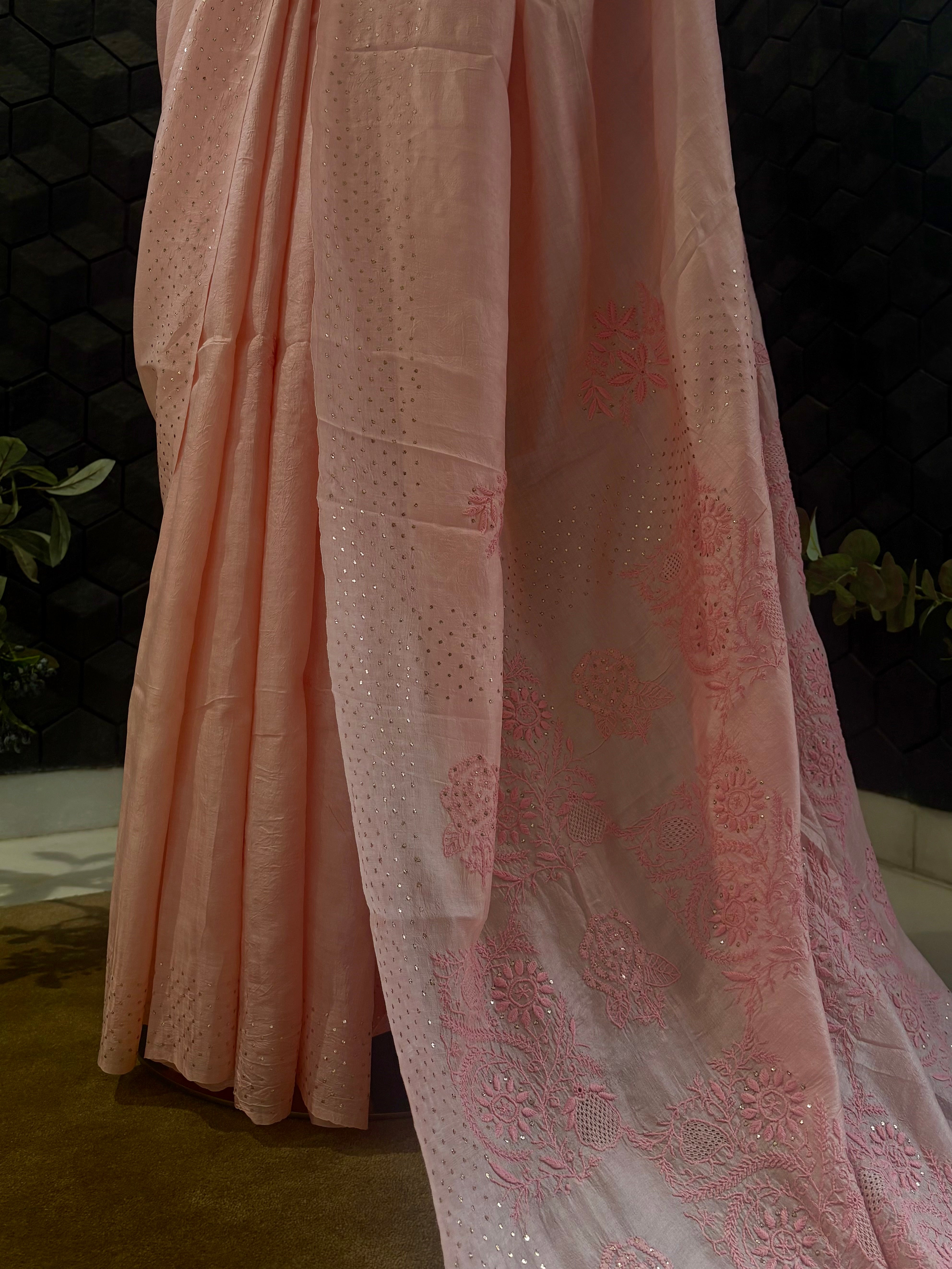 Pink Tussar Silk Saree